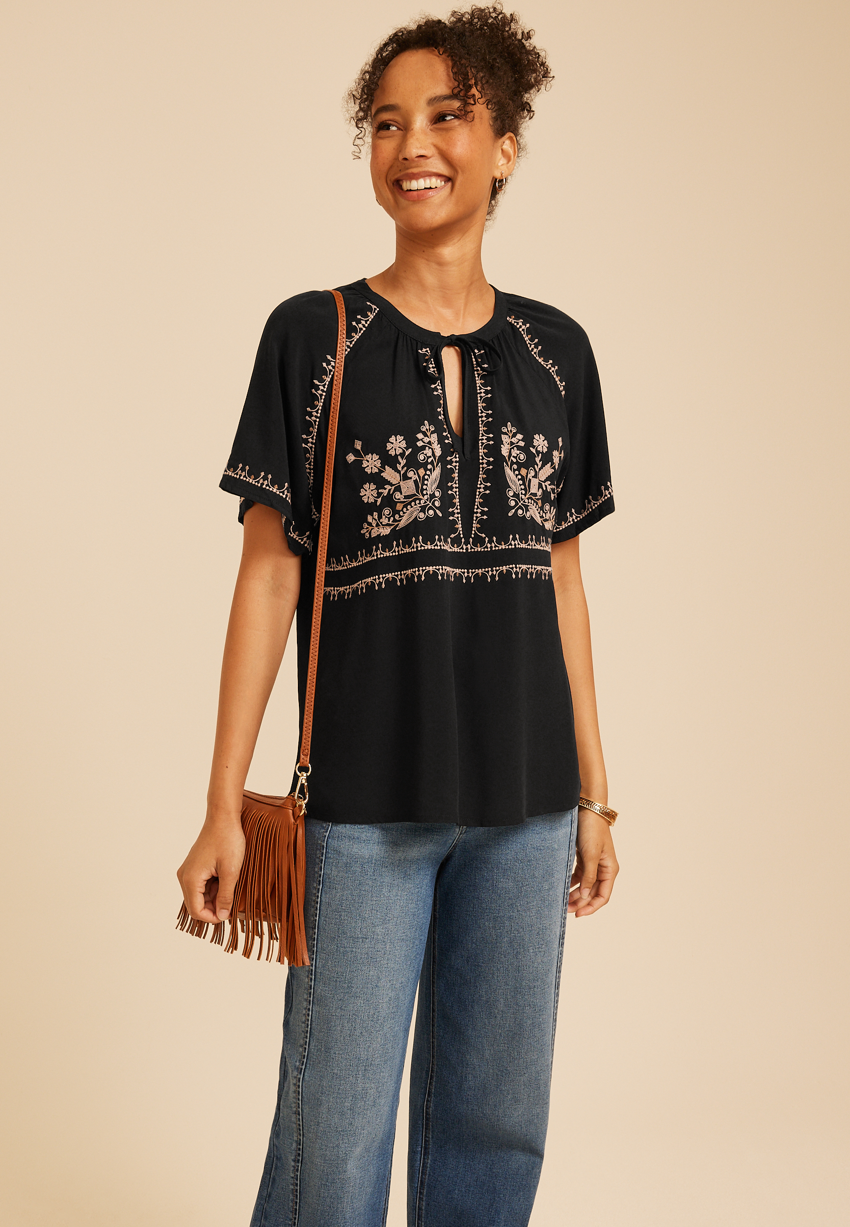 Embroidered Tie Front Peasant Top, C106, large