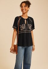 Embroidered Tie Front Peasant Top, C106, small