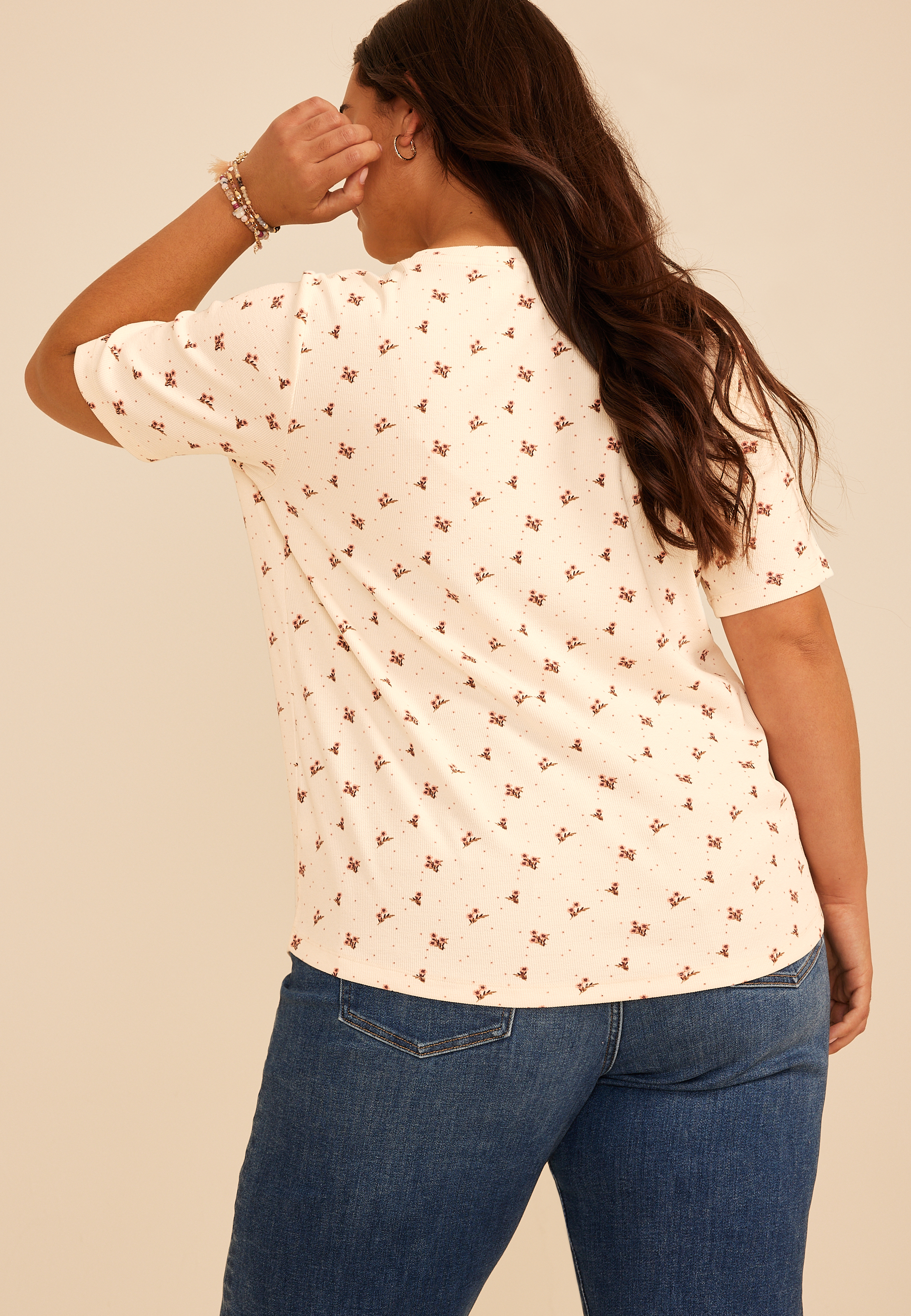 Plus Size 24/7 Floral Ribbed Elbow Sleeve Tee, C5487, large