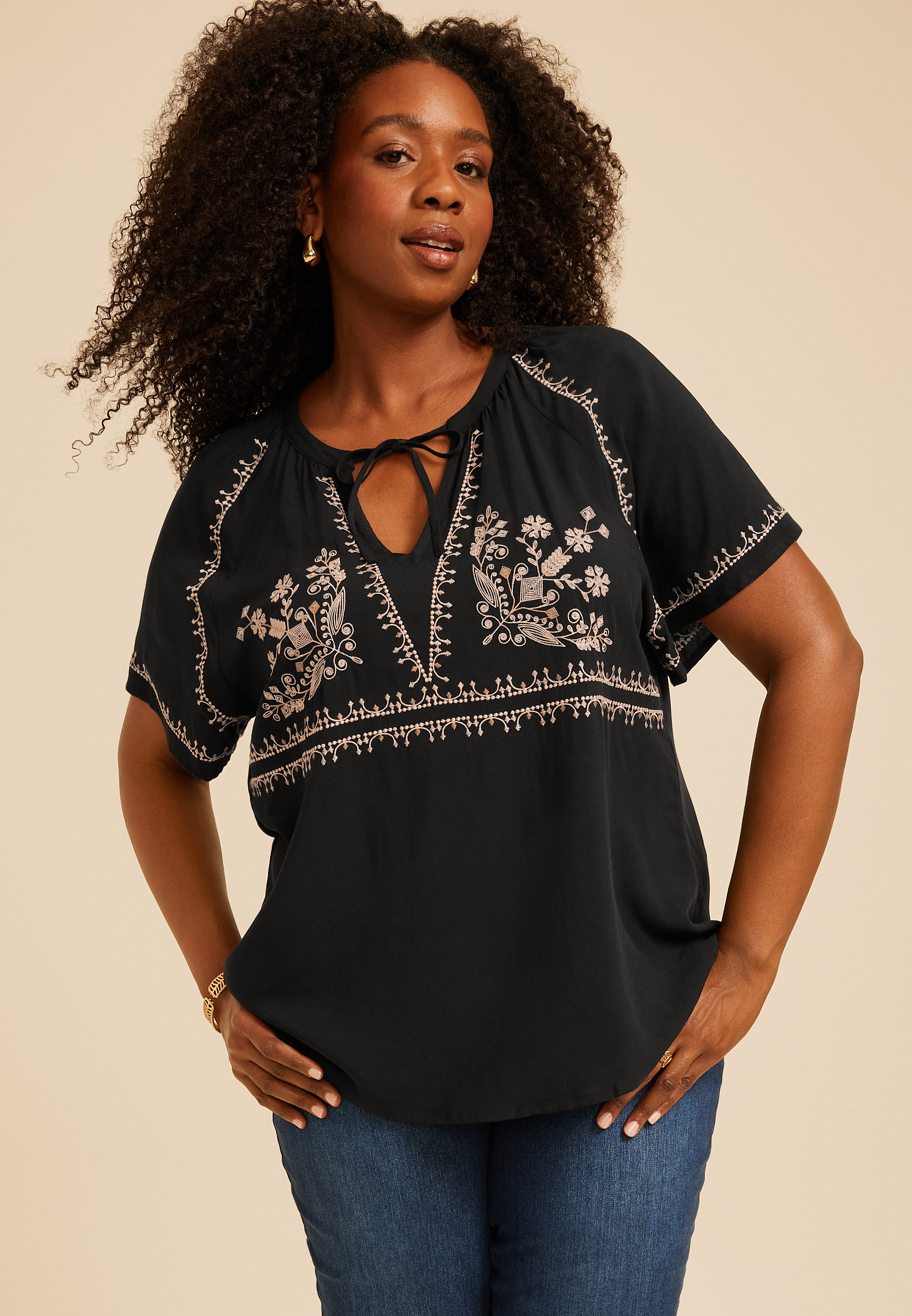 Plus Size Embroidered Tie Front Peasant Top