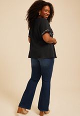 Plus Size Embroidered Tie Front Peasant Top, C106, small