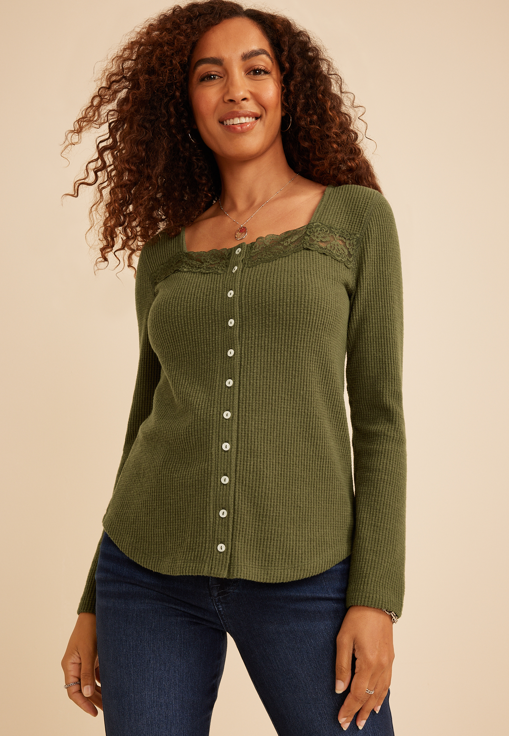 Lace Inset Waffle Knit Button Front Top