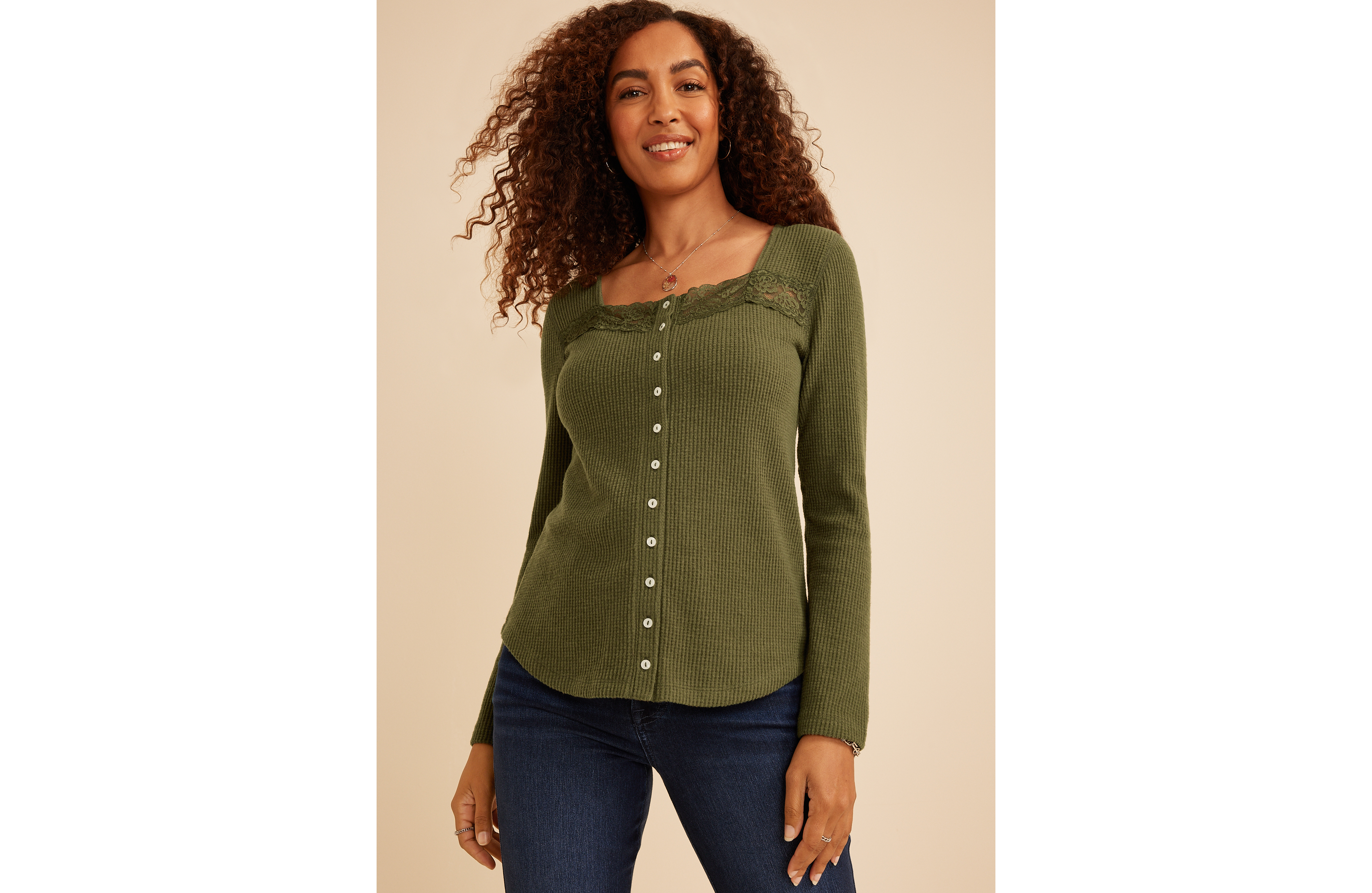 Lace Inset Waffle Knit Button Front Top