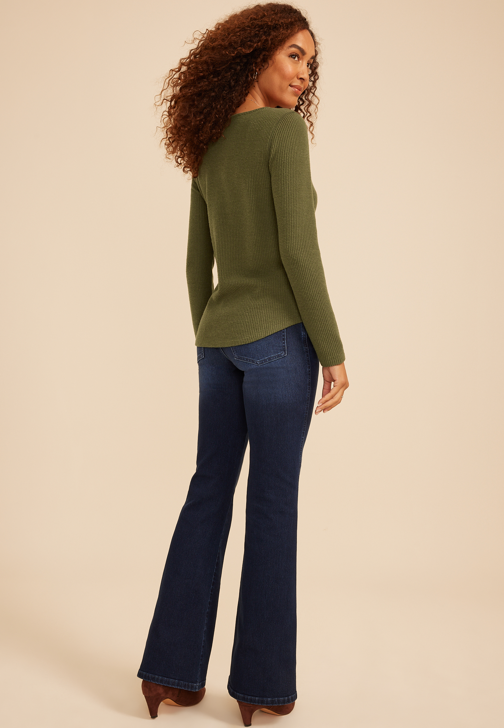 Lace Inset Waffle Knit Button Front Top, C9161, large