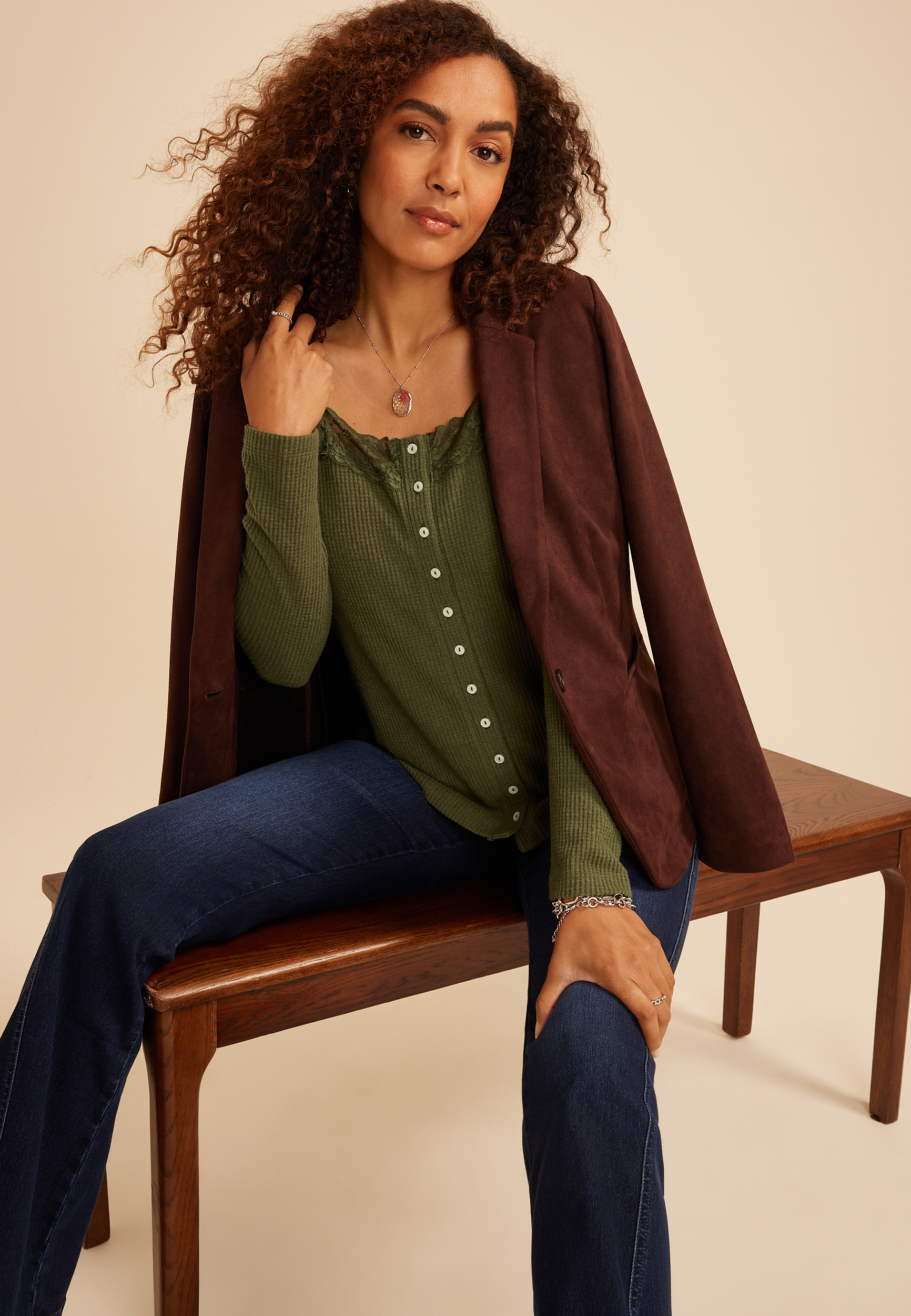Lace Inset Waffle Knit Button Front Top, C9161, large
