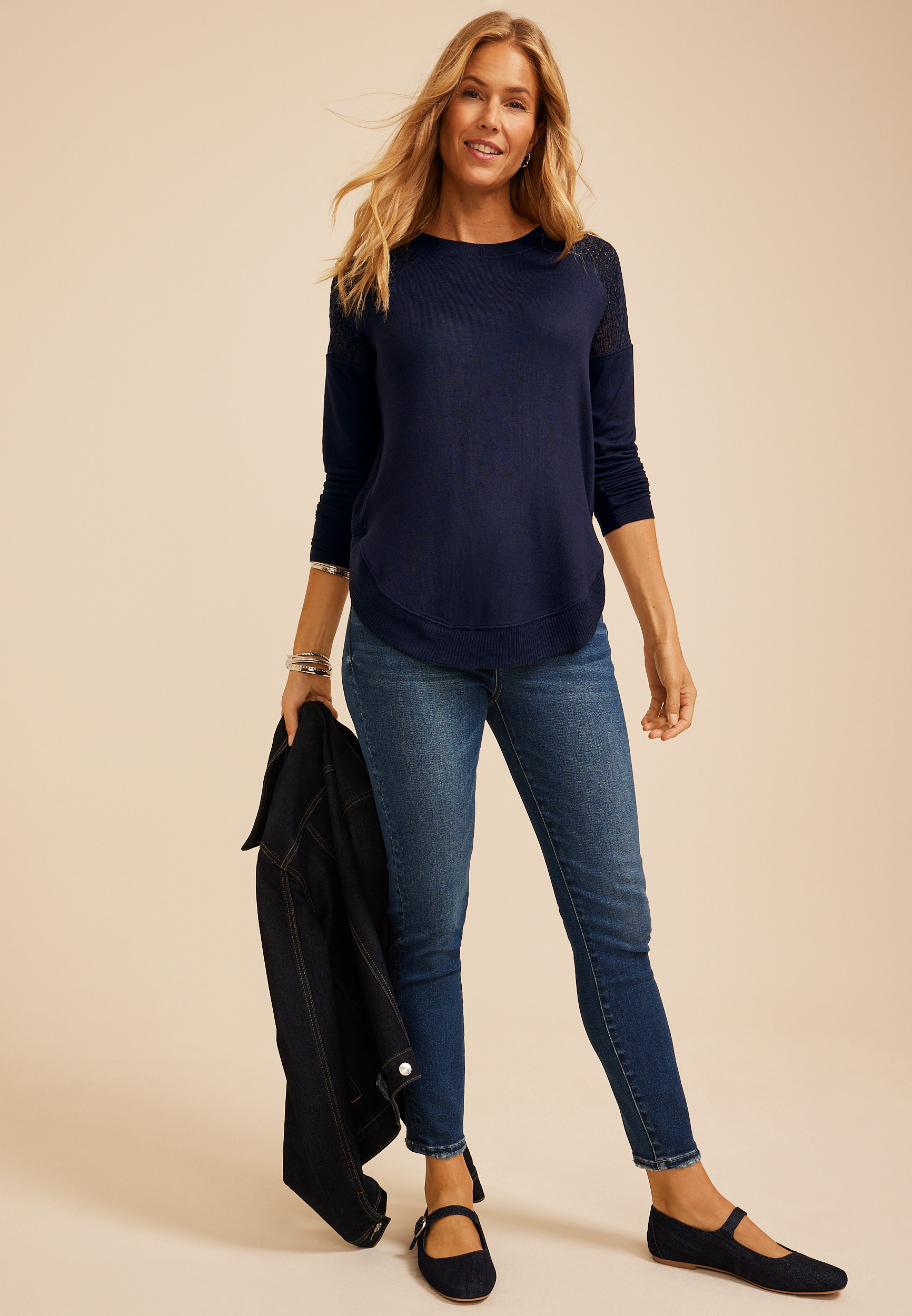 Haven Crochet Shoulder Long Sleeve Tunic Top, C1378, large