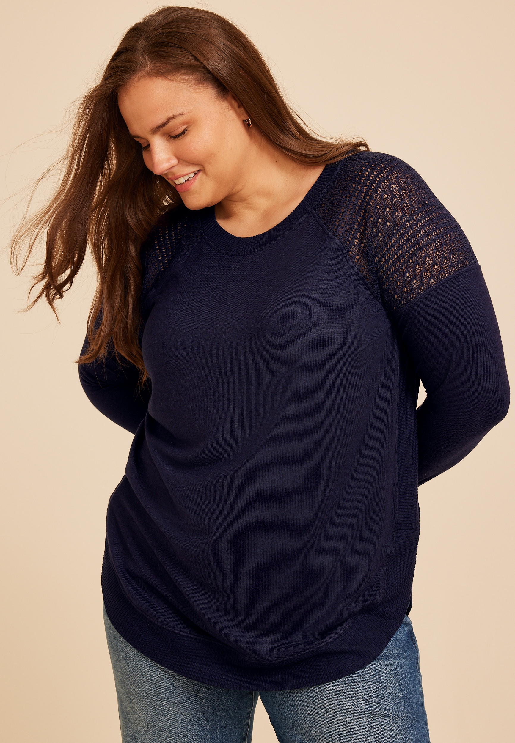 Plus Size Haven Crochet Shoulder Long Sleeve Tunic Top