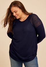 Plus Size Haven Crochet Shoulder Long Sleeve Tunic Top, C1378, small