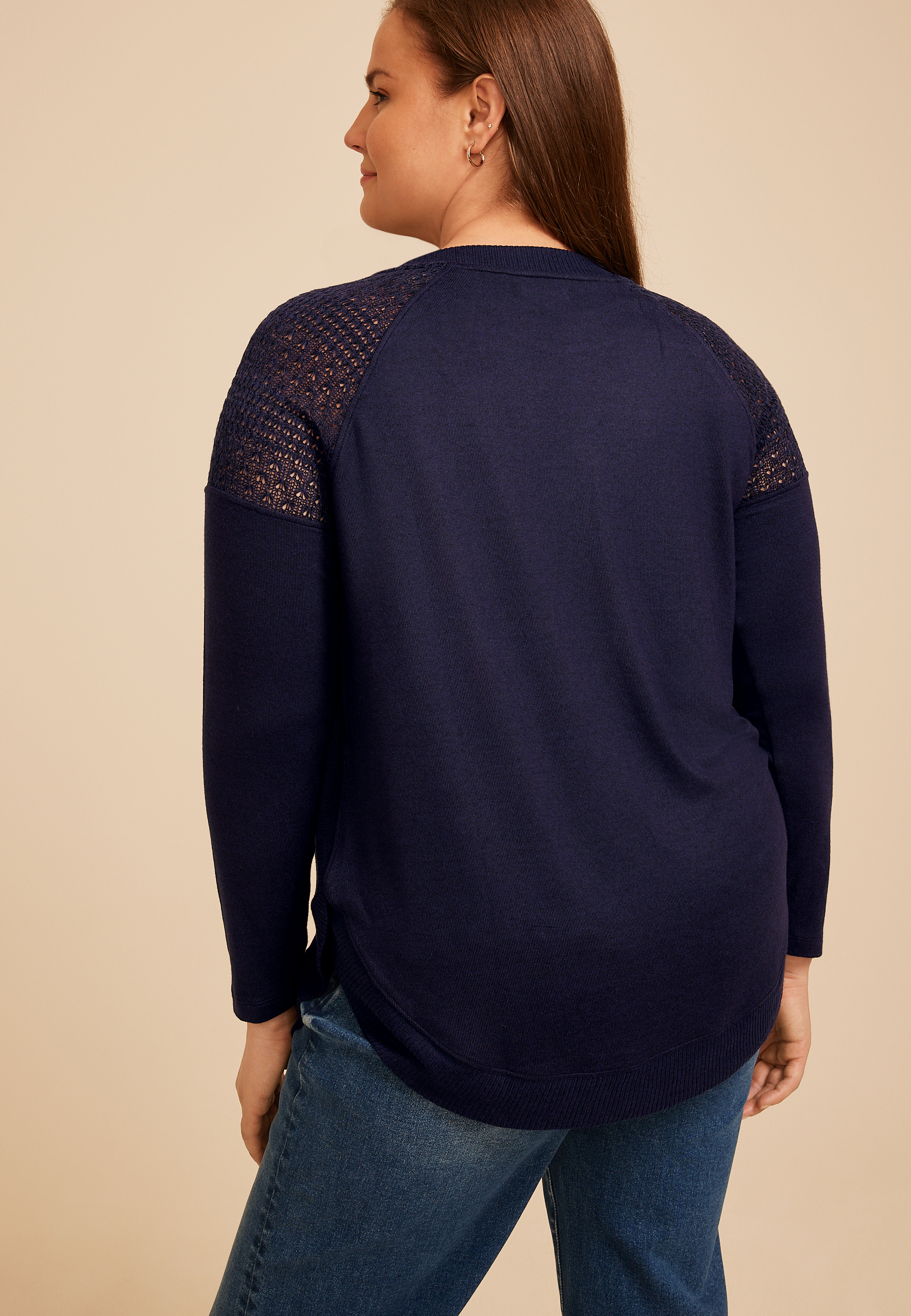 Plus Size Haven Crochet Shoulder Long Sleeve Tunic Top, C1378, large