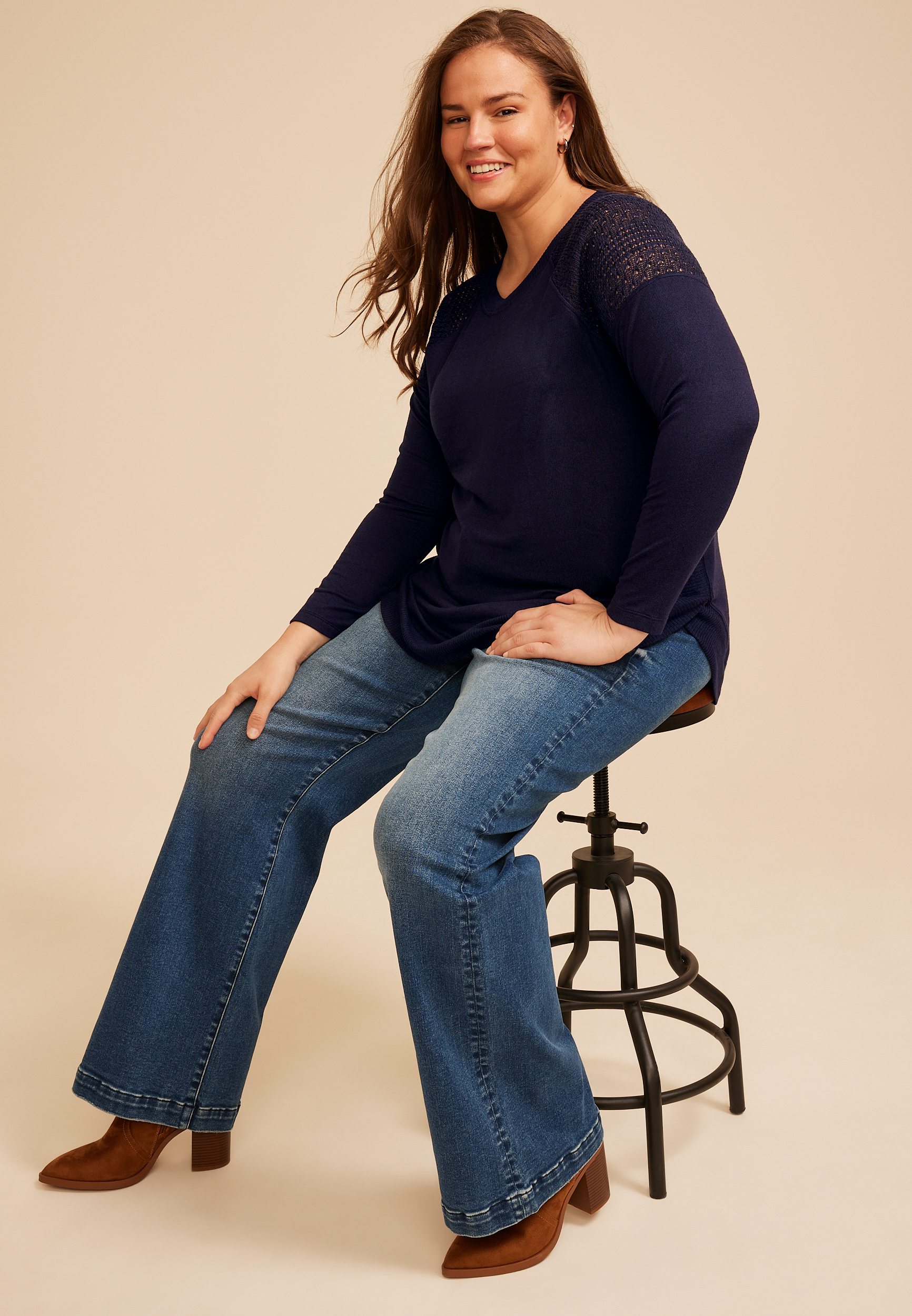 Plus Size Haven Crochet Shoulder Long Sleeve Tunic Top, C1378, large