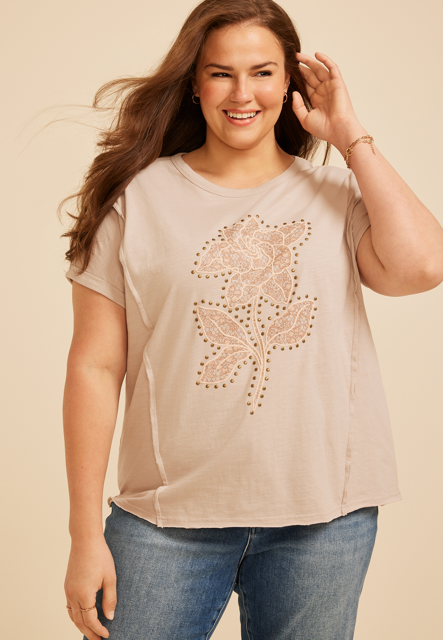 Plus Size Floral Studded Relaxed Fit Graphic Tee, C211, large
