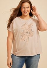 Plus Size Floral Studded Relaxed Fit Graphic Tee, C211, small