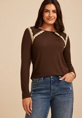 Crochet Trim Ribbed Raglan Top, COFFEE BEAN, small