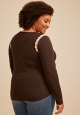 Plus Size Crochet Trim Ribbed Raglan Top, COFFEE BEAN, small
