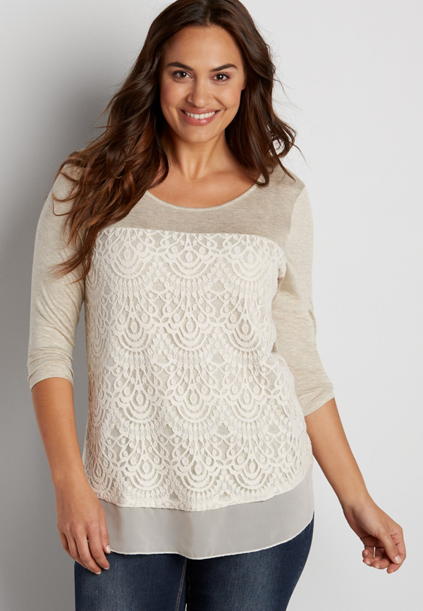 plus size tee with lace overlay and chiffon hem | maurices
