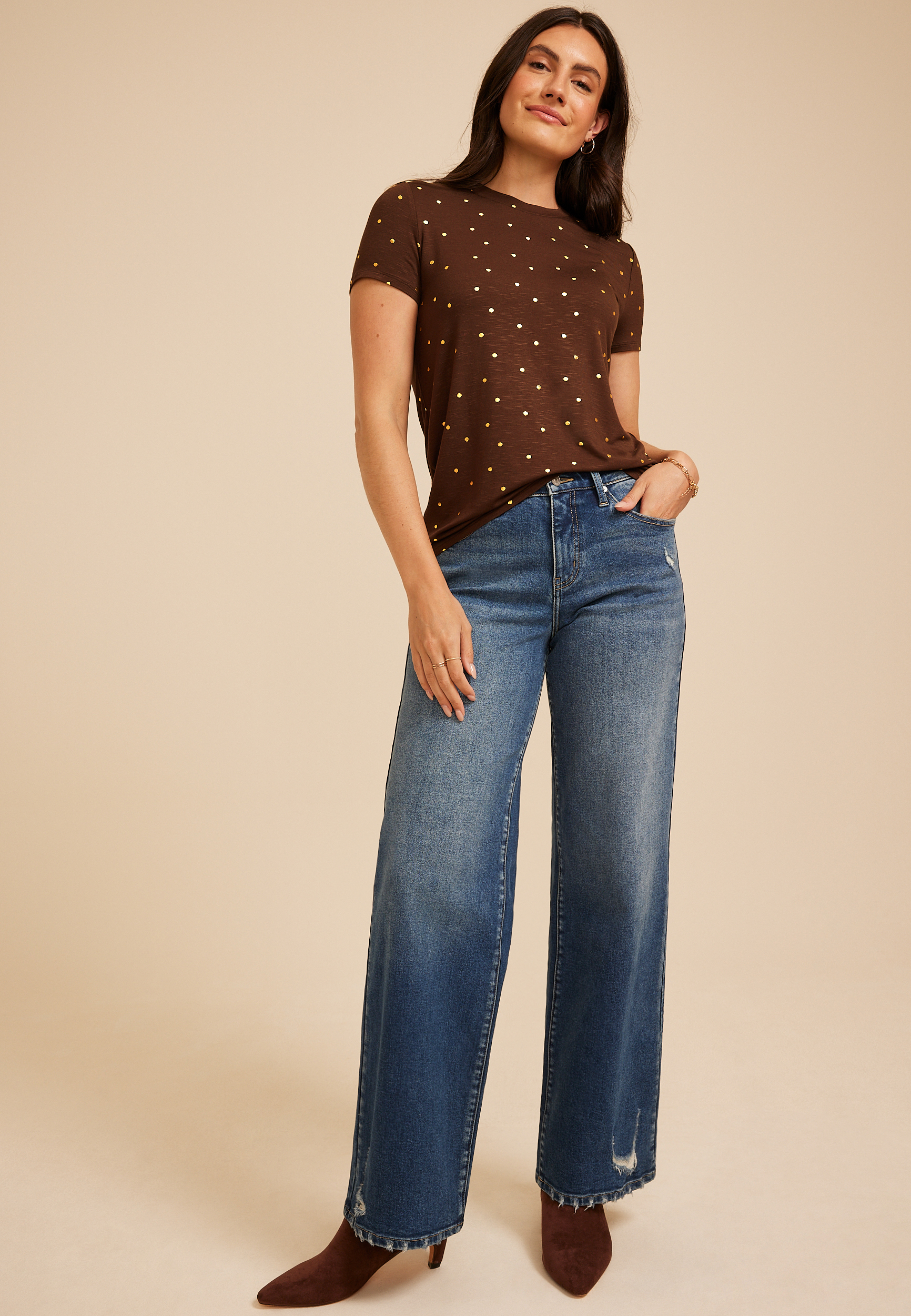 24/7 Kennedy Metallic Polka Dot Crew Neck Tee, C1635, large