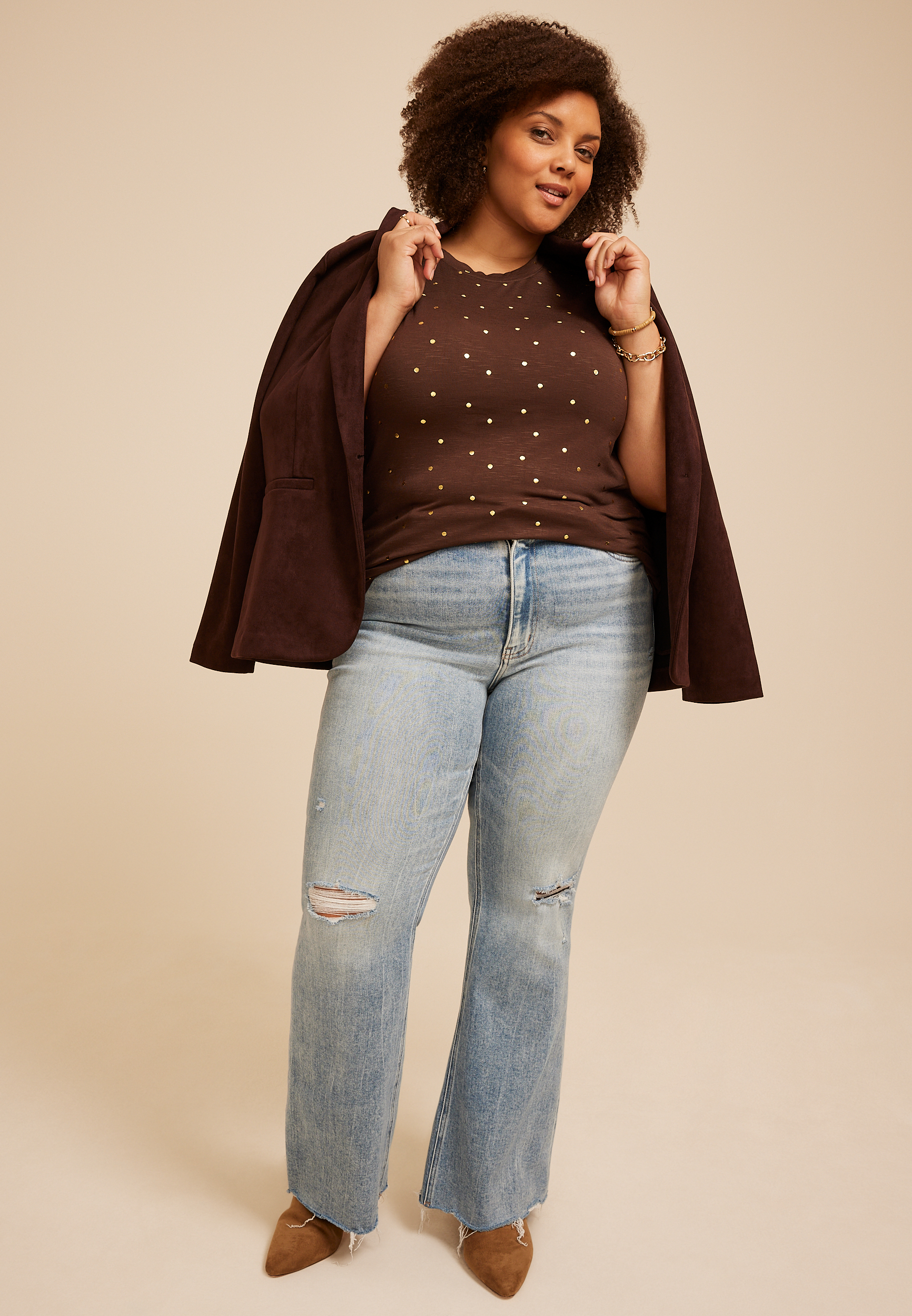 Plus Size 24/7 Kennedy Metallic Polka Dot Crew Neck Tee