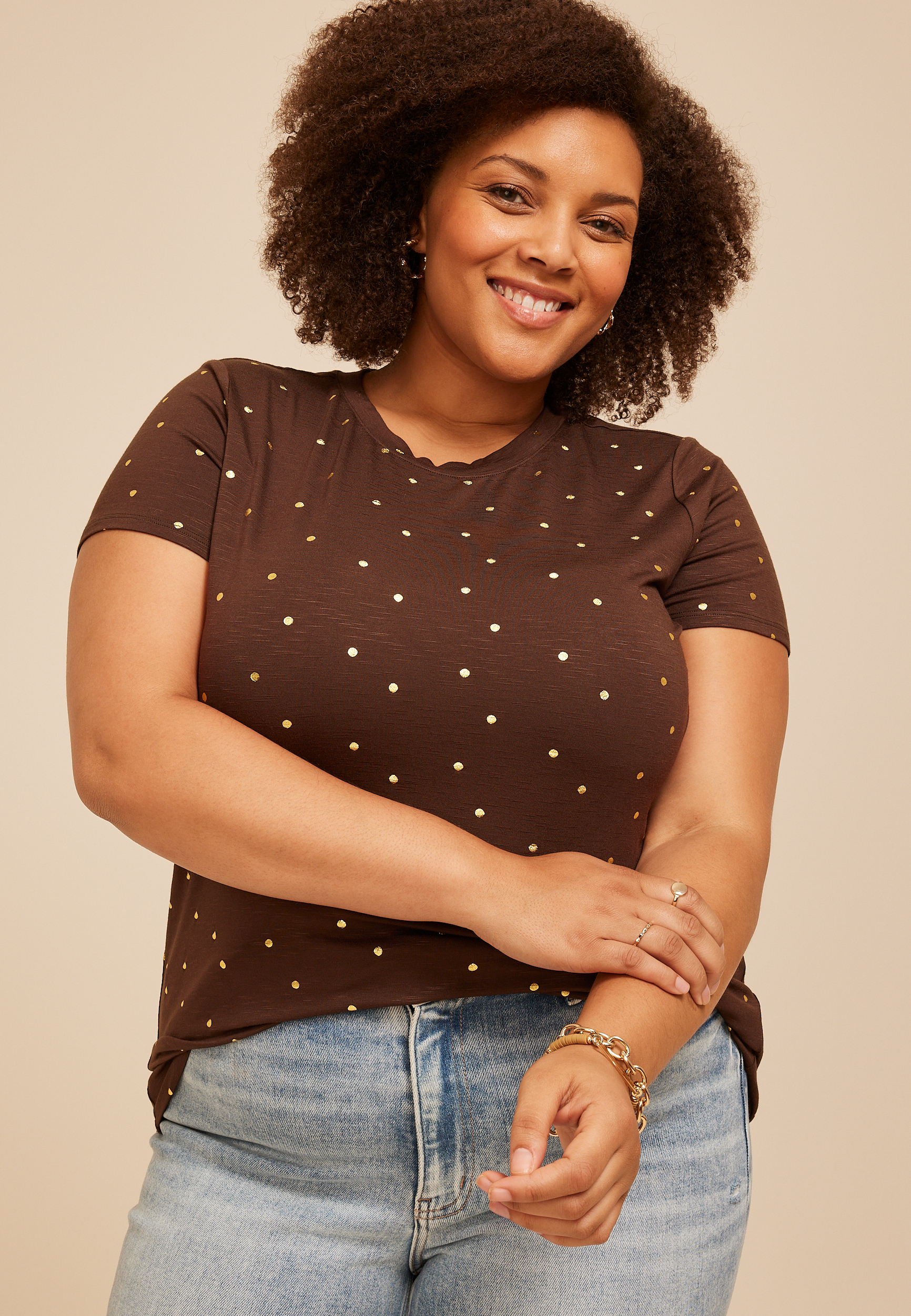 Plus Size 24/7 Kennedy Metallic Polka Dot Crew Neck Tee, C1635, large