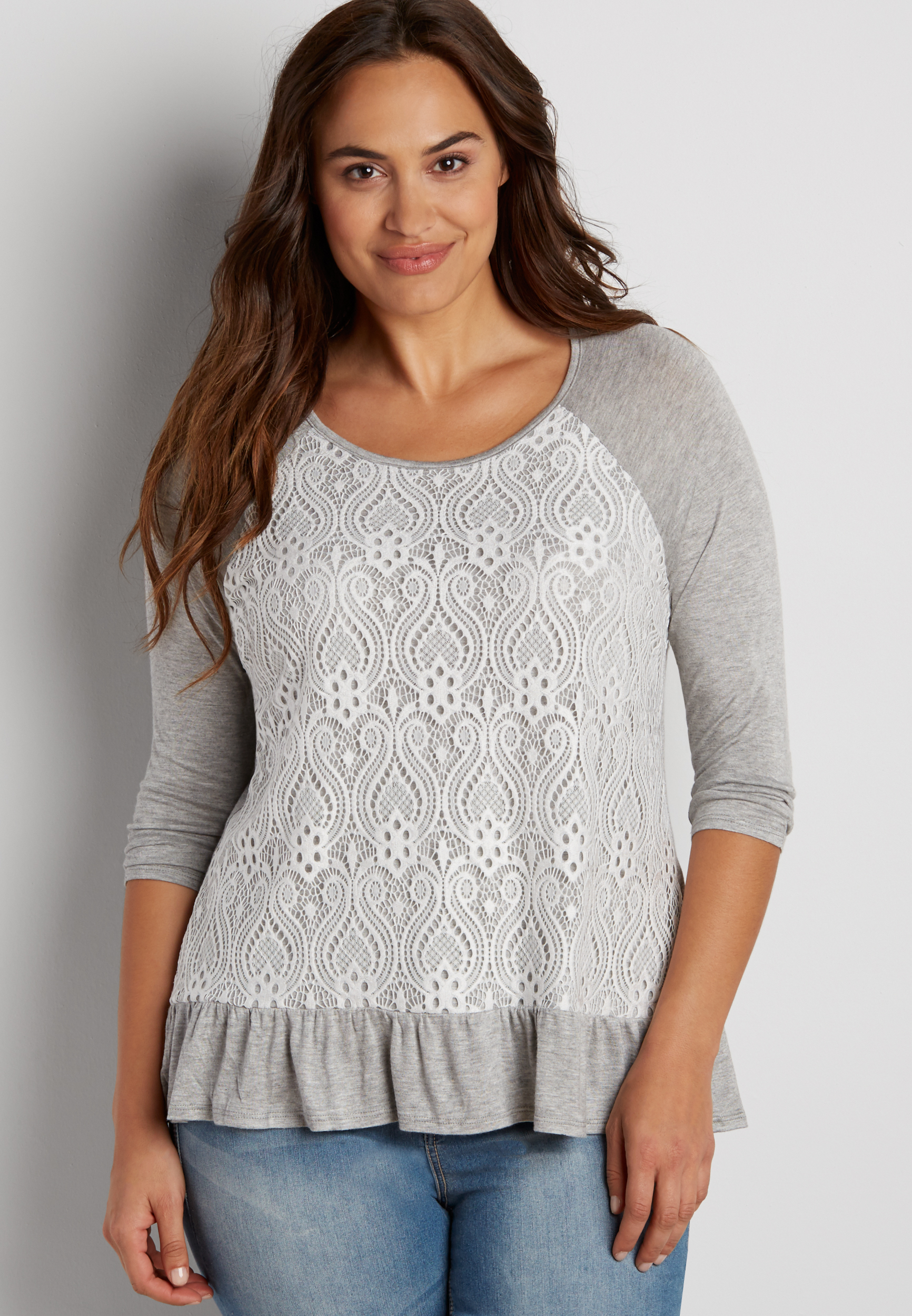 plus size tee with lace overlay and ruffle hem | maurices