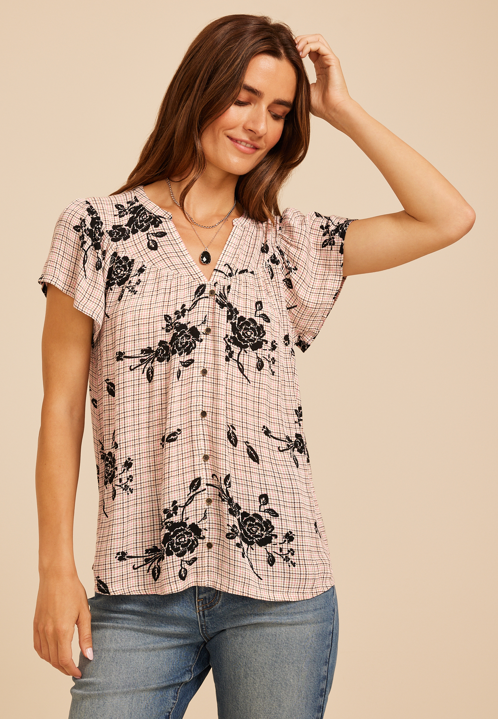 Floral Plaid Flutter Sleeve Blouse
