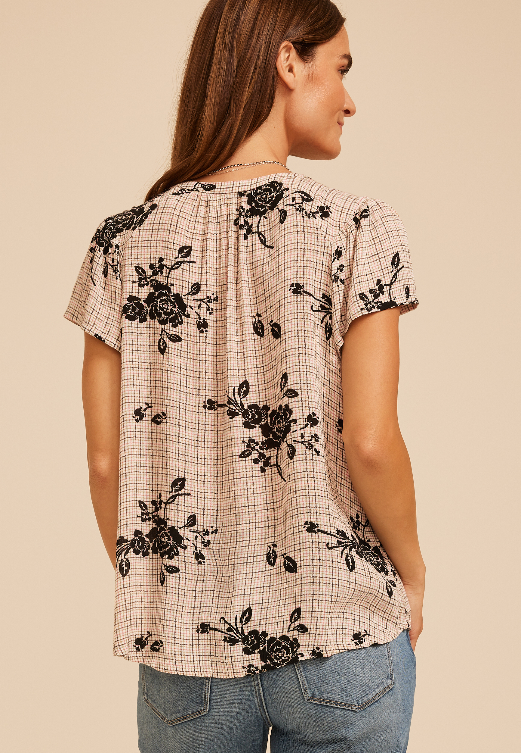 Floral Plaid Flutter Sleeve Blouse, C1524, large