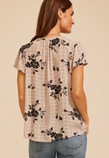 Floral Plaid Flutter Sleeve Blouse, C1524, small