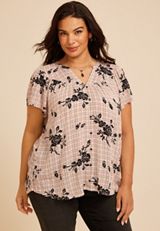 Plus Size Floral Plaid Flutter Sleeve Blouse, C1524, small