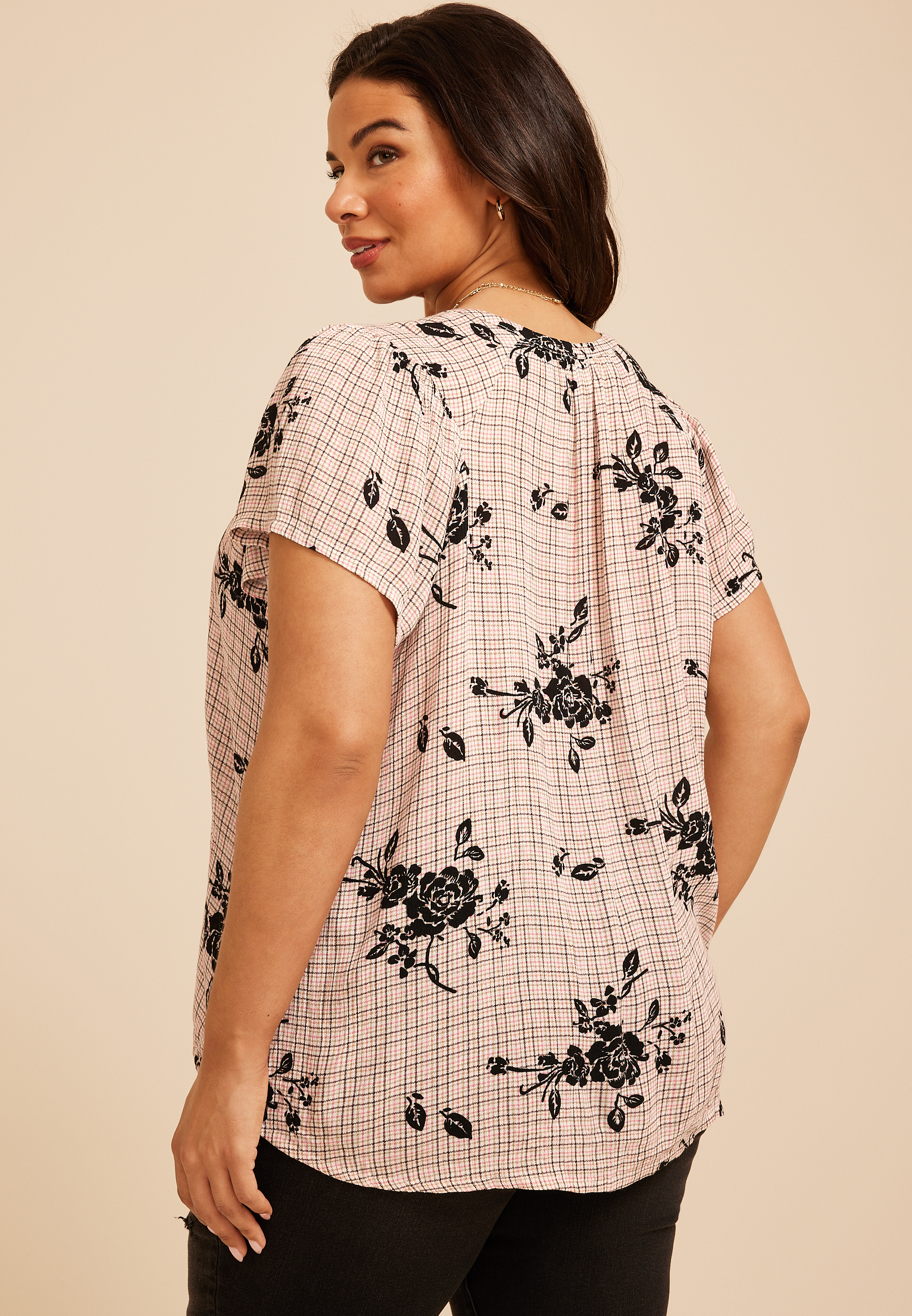 Plus Size Floral Plaid Flutter Sleeve Blouse, C1524, large