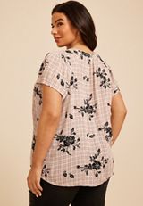 Plus Size Floral Plaid Flutter Sleeve Blouse, C1524, small