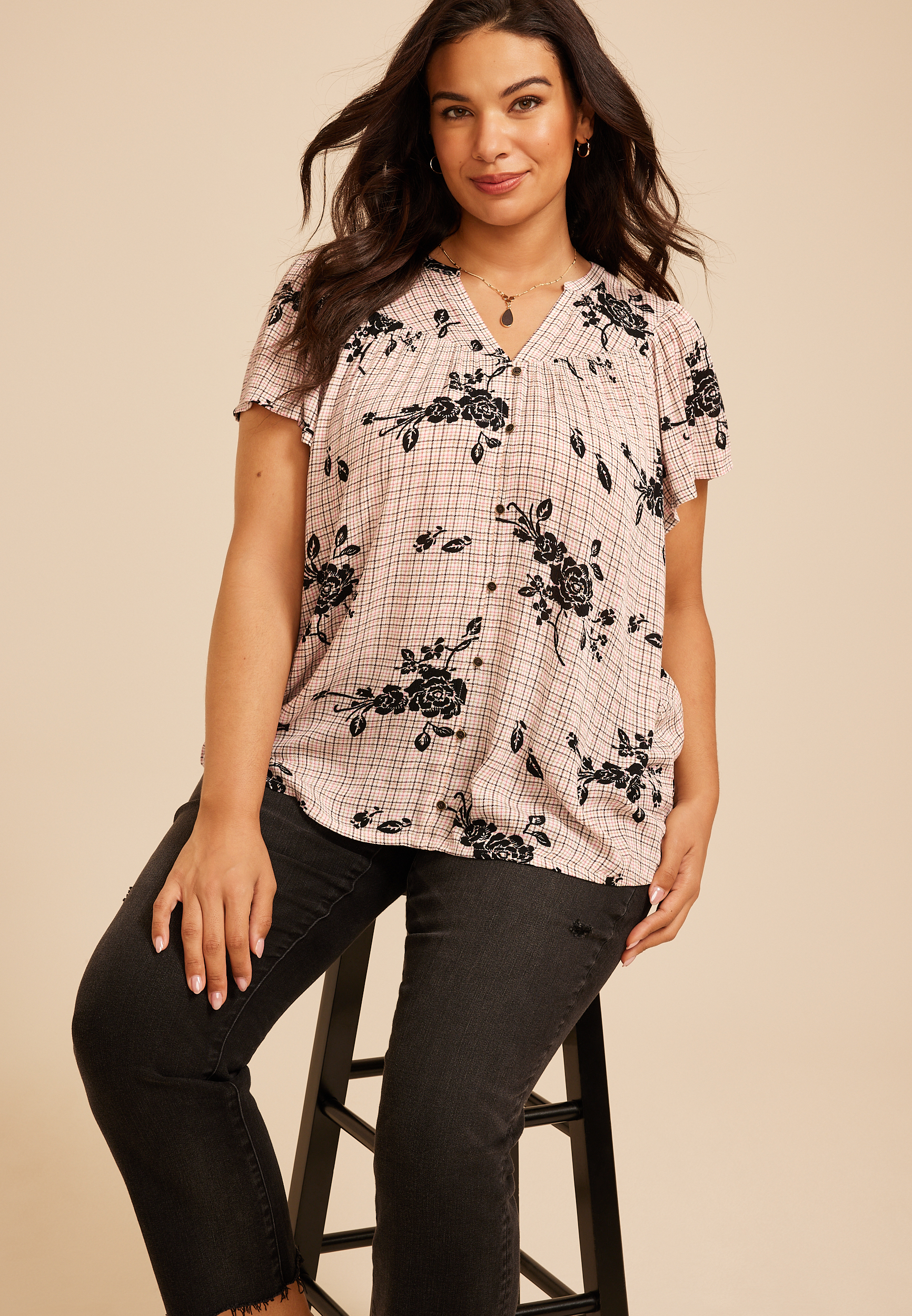 Plus Size Floral Plaid Flutter Sleeve Blouse, C1524, large