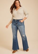 Plus Size KanCan™ Mid Rise Western Pocket Stitch Ripped Flare Jean, C258, small