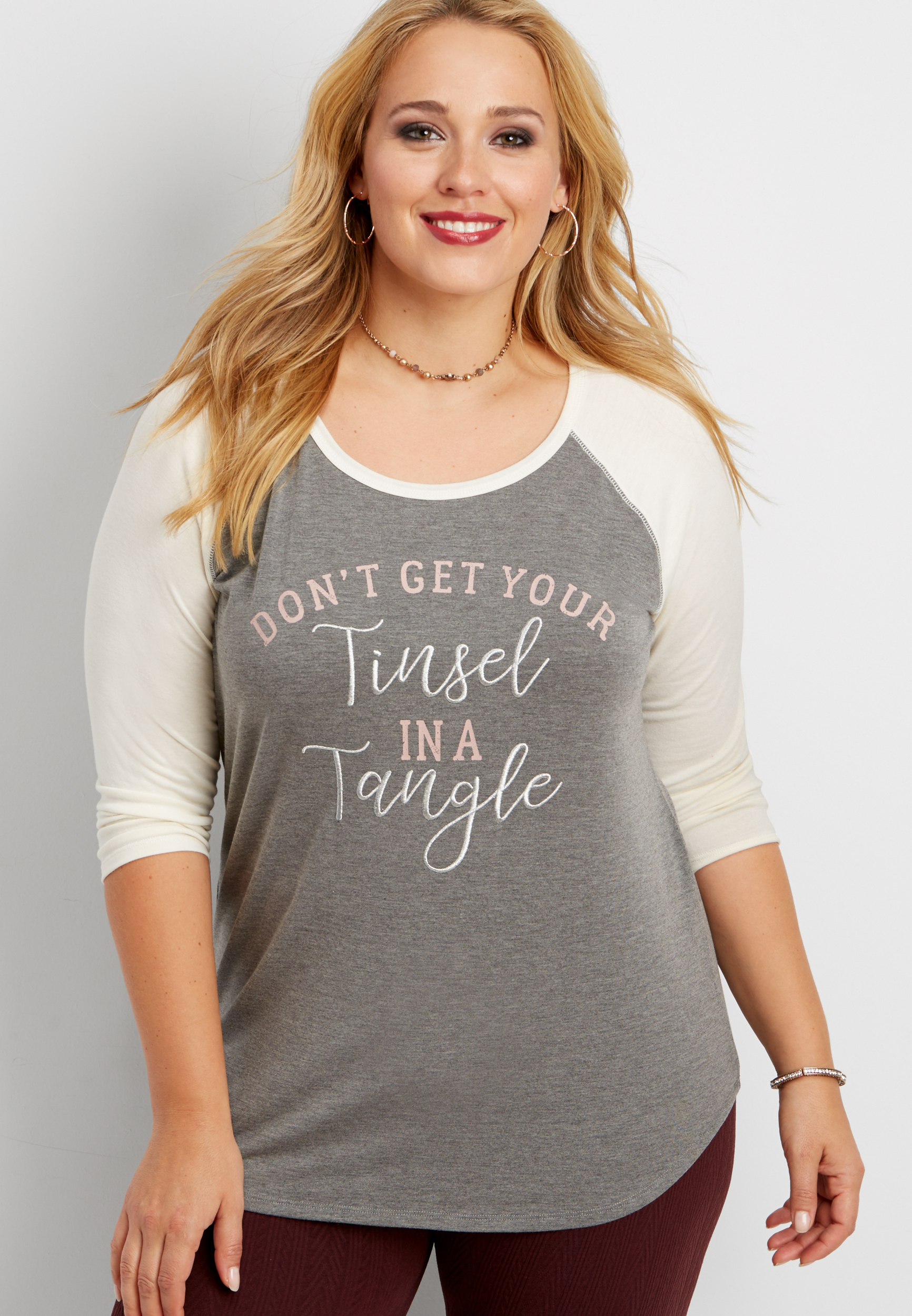 plus size baseball tee with don't get your tinsel in a tangle graphic