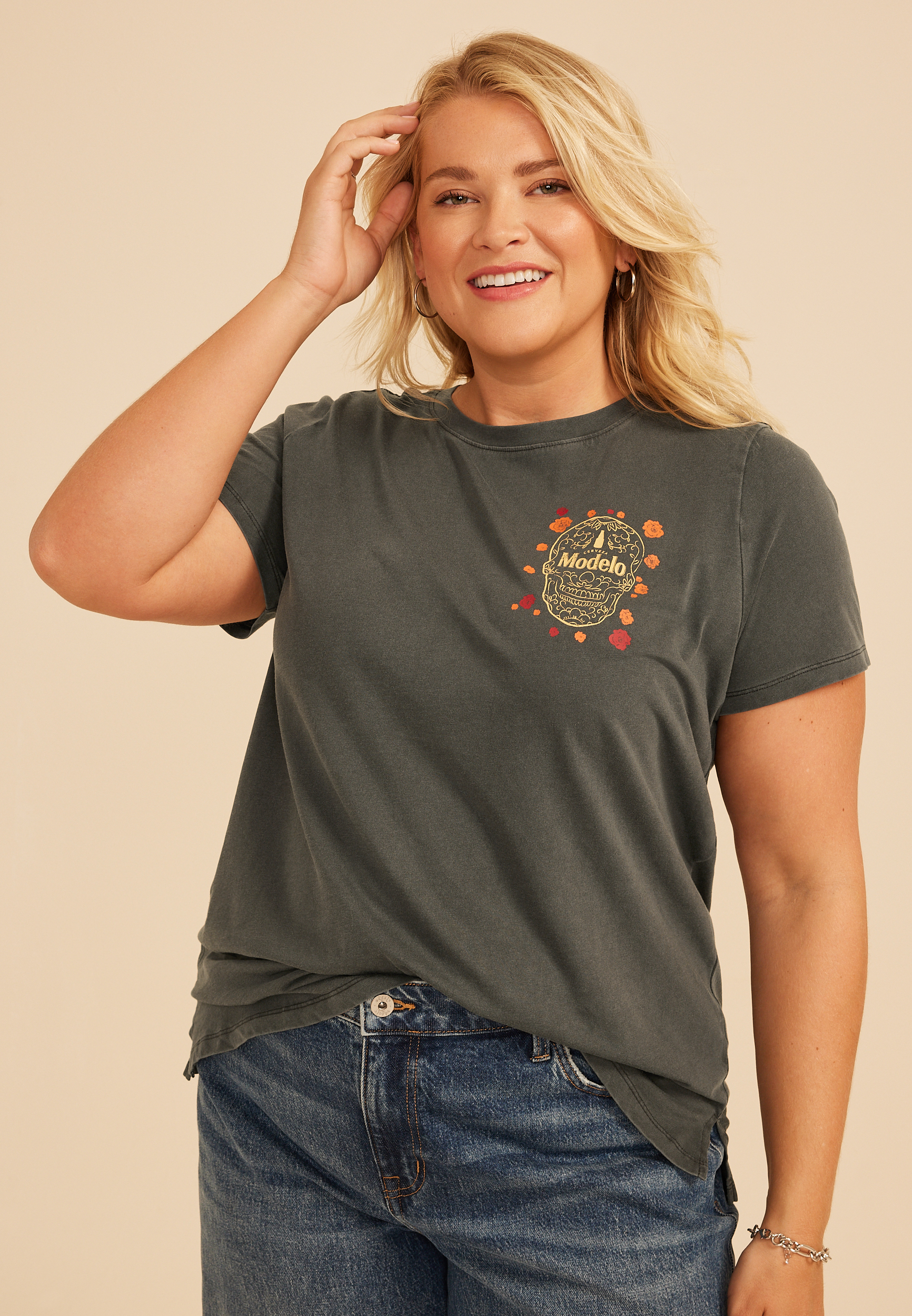 Plus Size Modelo Floral Skull Classic Fit Graphic Tee, C106, large