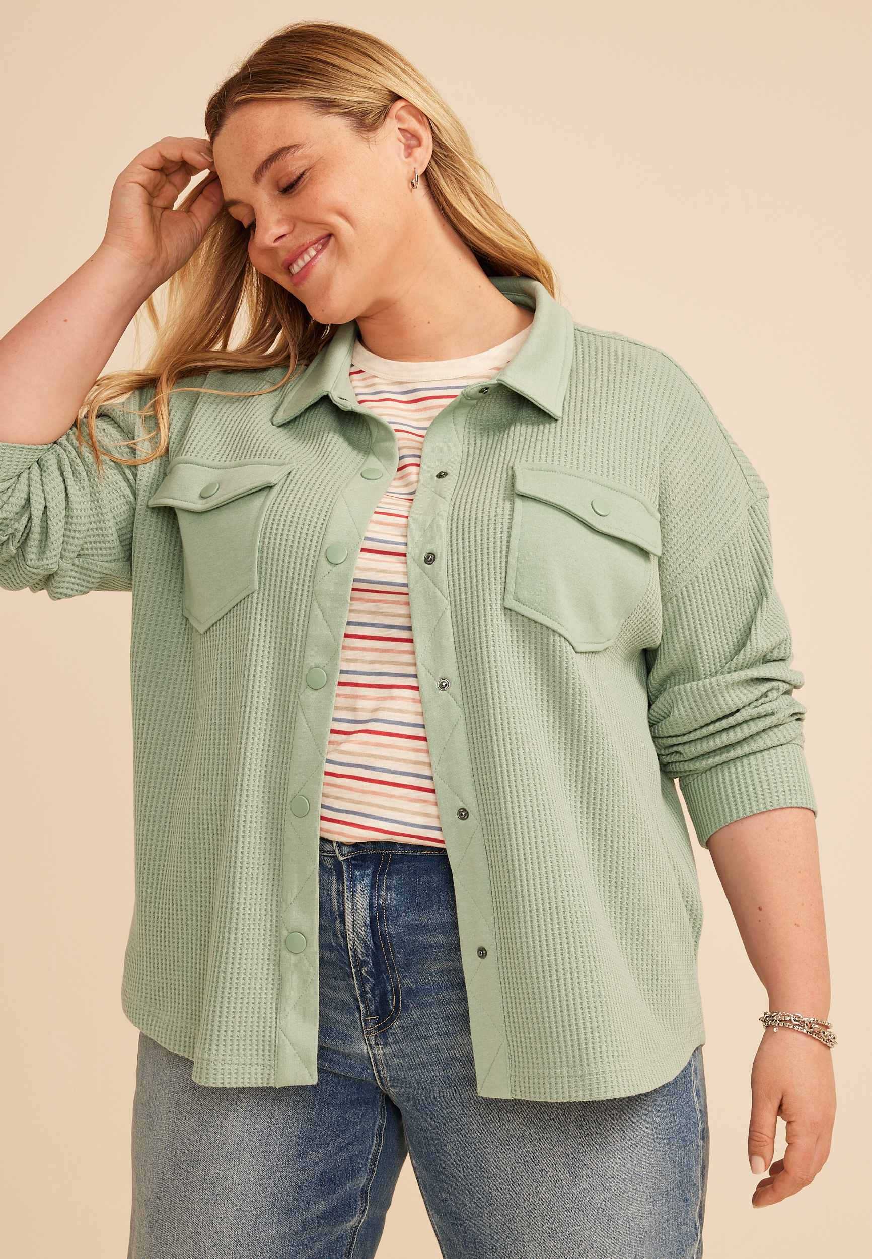 Plus Size Waffle Snap Button Shacket