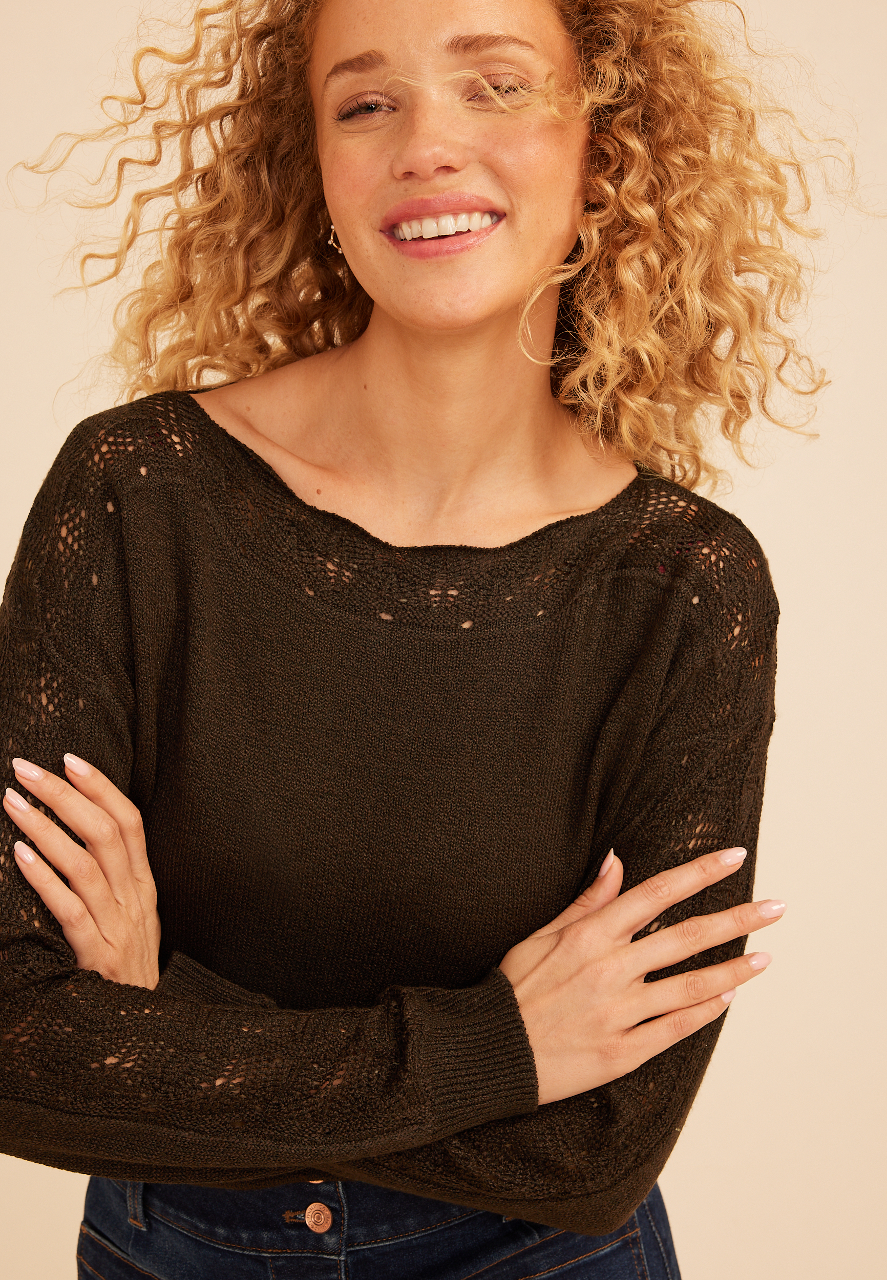 Lace Pointelle Trim Boat Neck Sweater