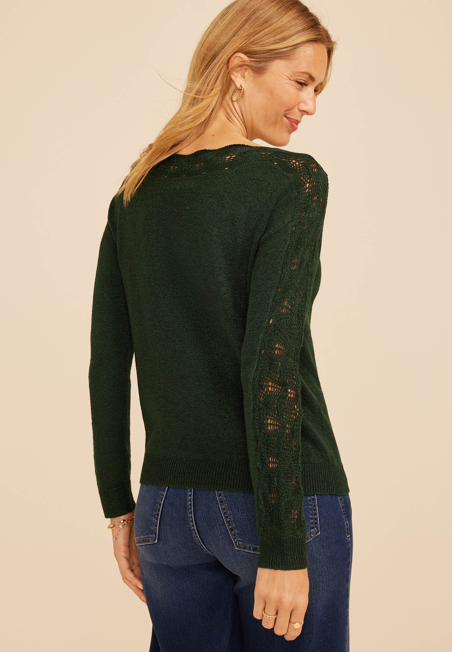 Lace Pointelle Trim Boat Neck Sweater, C4186, large