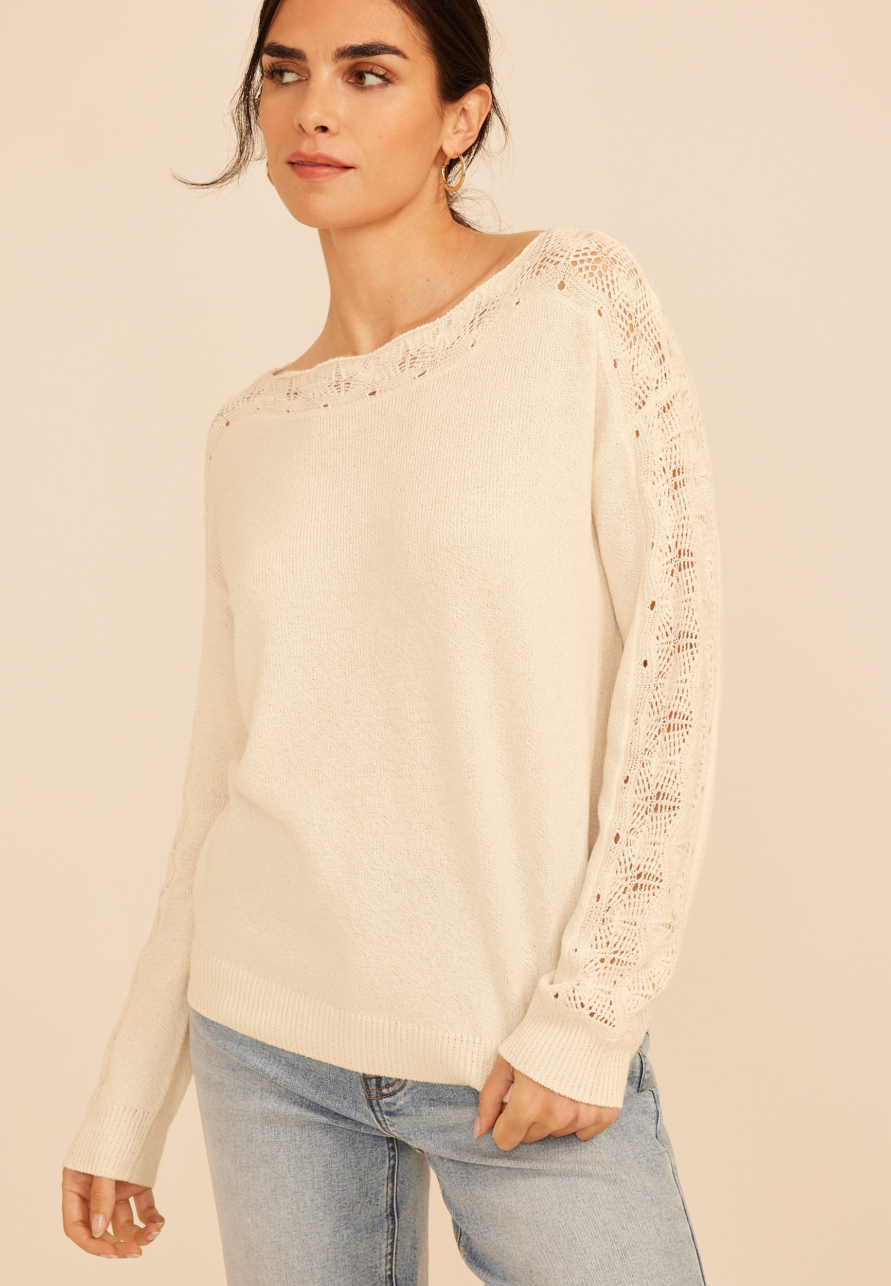 Lace Pointelle Trim Boat Neck Sweater