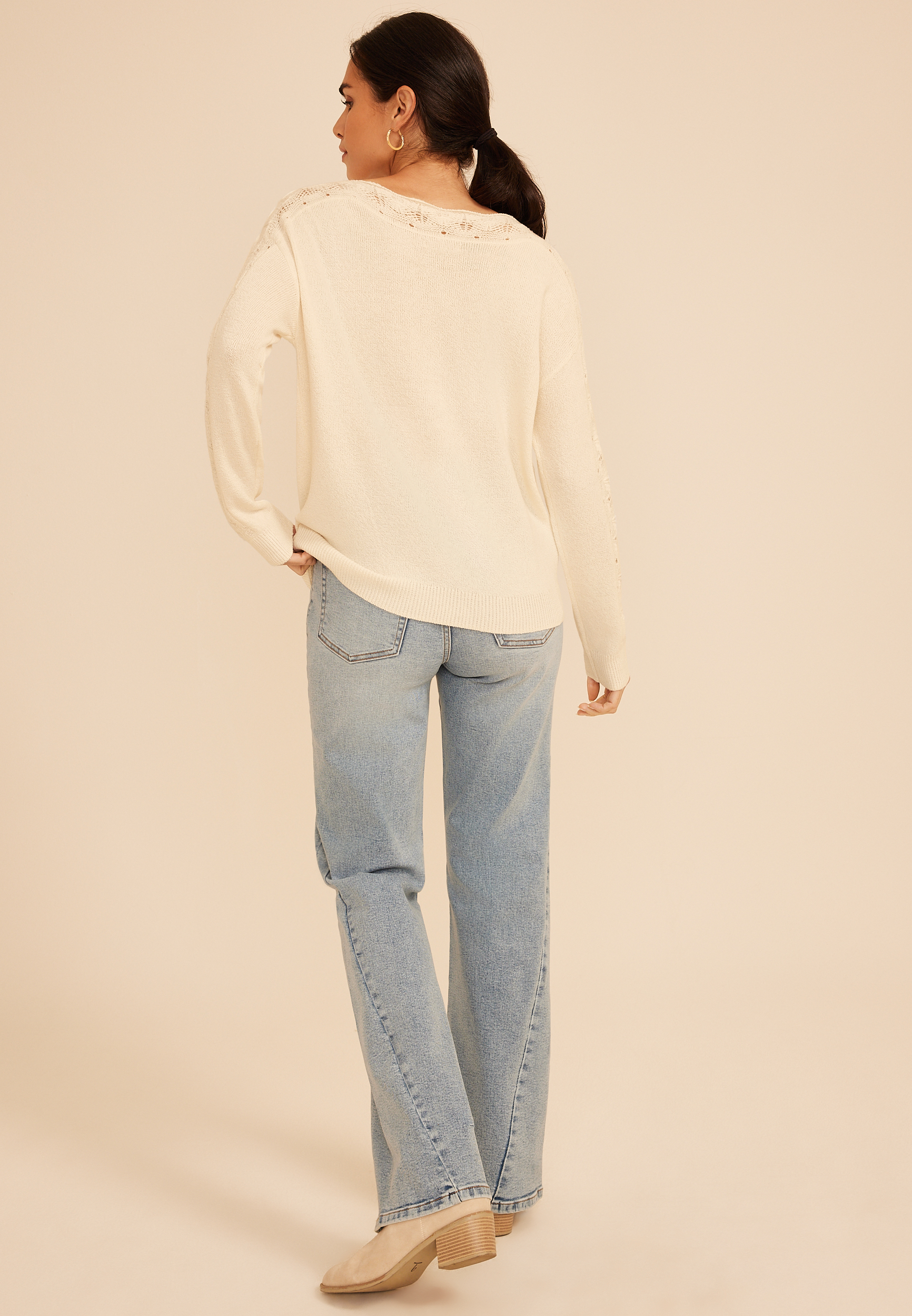 Lace Pointelle Trim Boat Neck Sweater, C8232, large