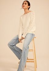 Lace Pointelle Trim Boat Neck Sweater, C8232, small