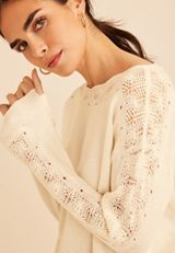 Lace Pointelle Trim Boat Neck Sweater, C8232, small