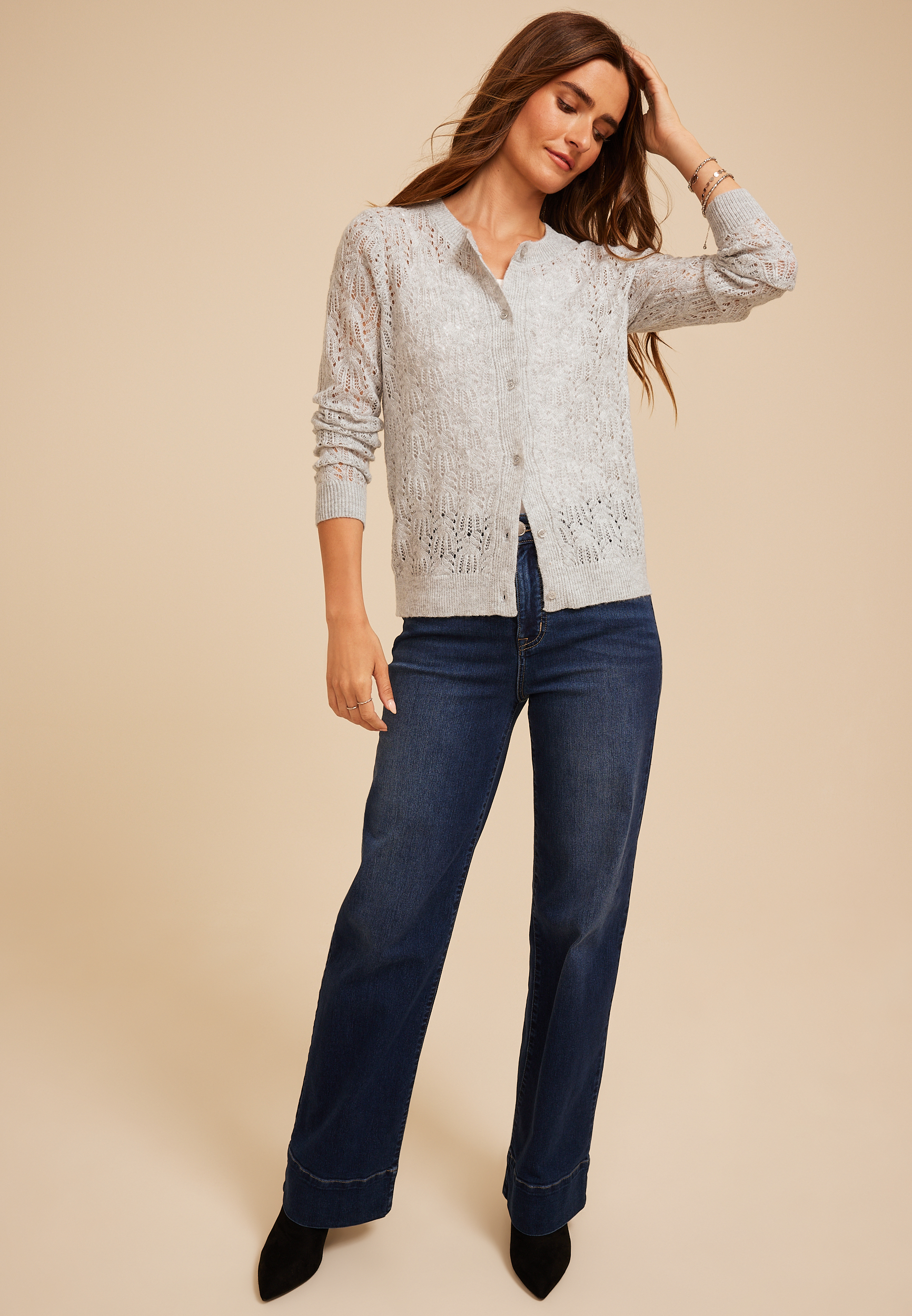 Pointelle Crew Neck Button Front Cardigan, C151, large