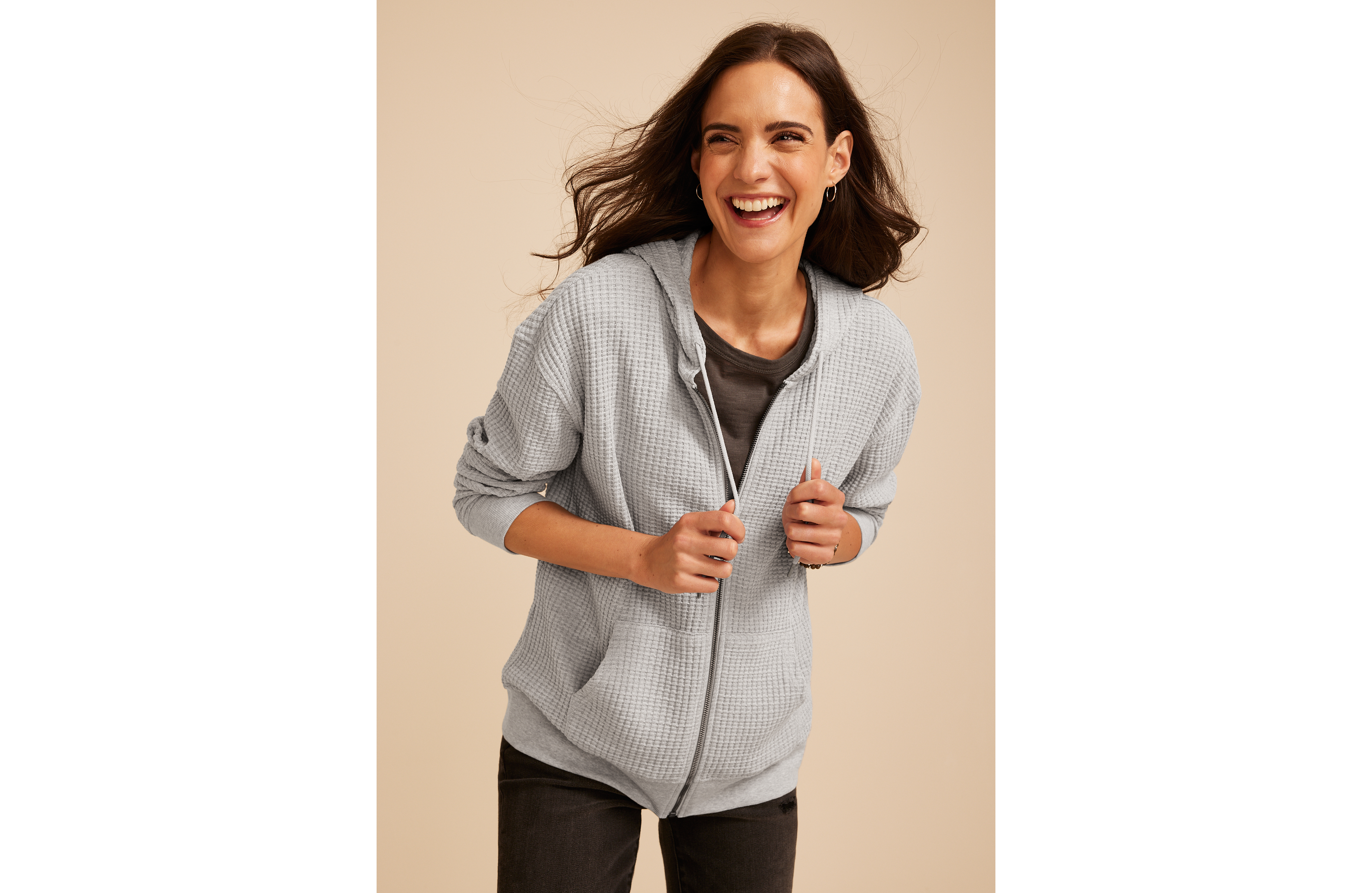 Waffle Knit Zip Front Hoodie