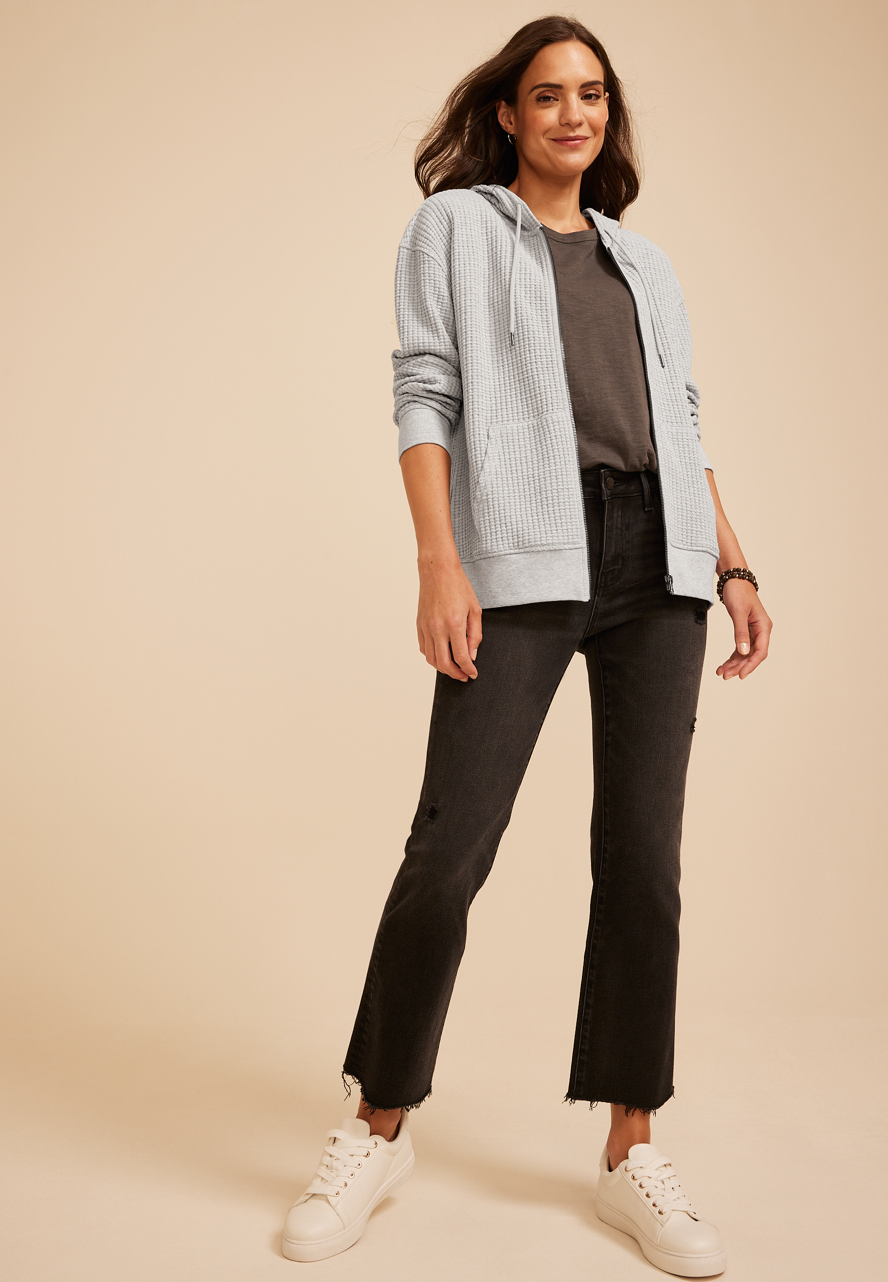 Waffle Knit Zip Front Hoodie, C3348, large