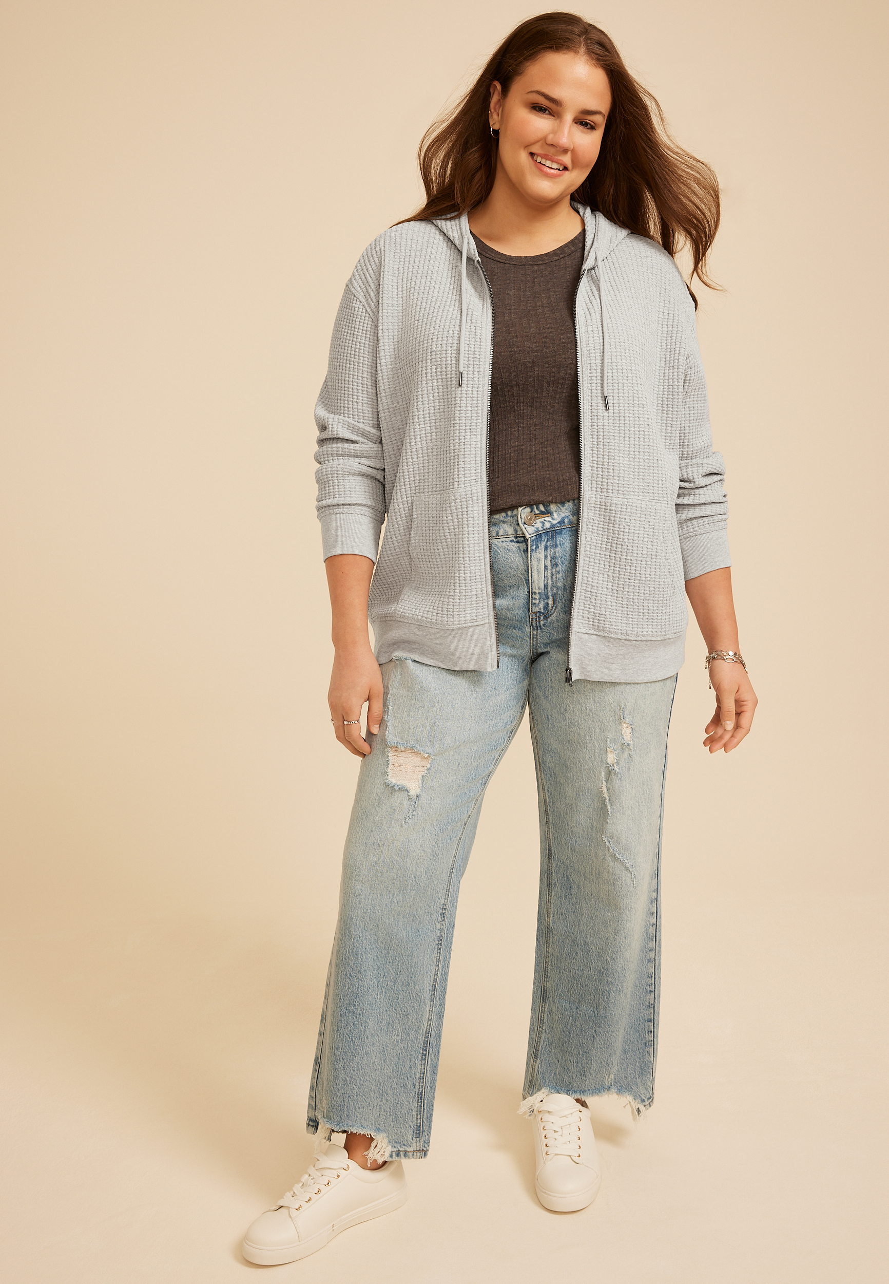 Plus Size Waffle Knit Zip Front Hoodie | maurices