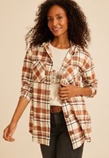 Hooded Cabin Plaid Button Down Shirt, C1524, small