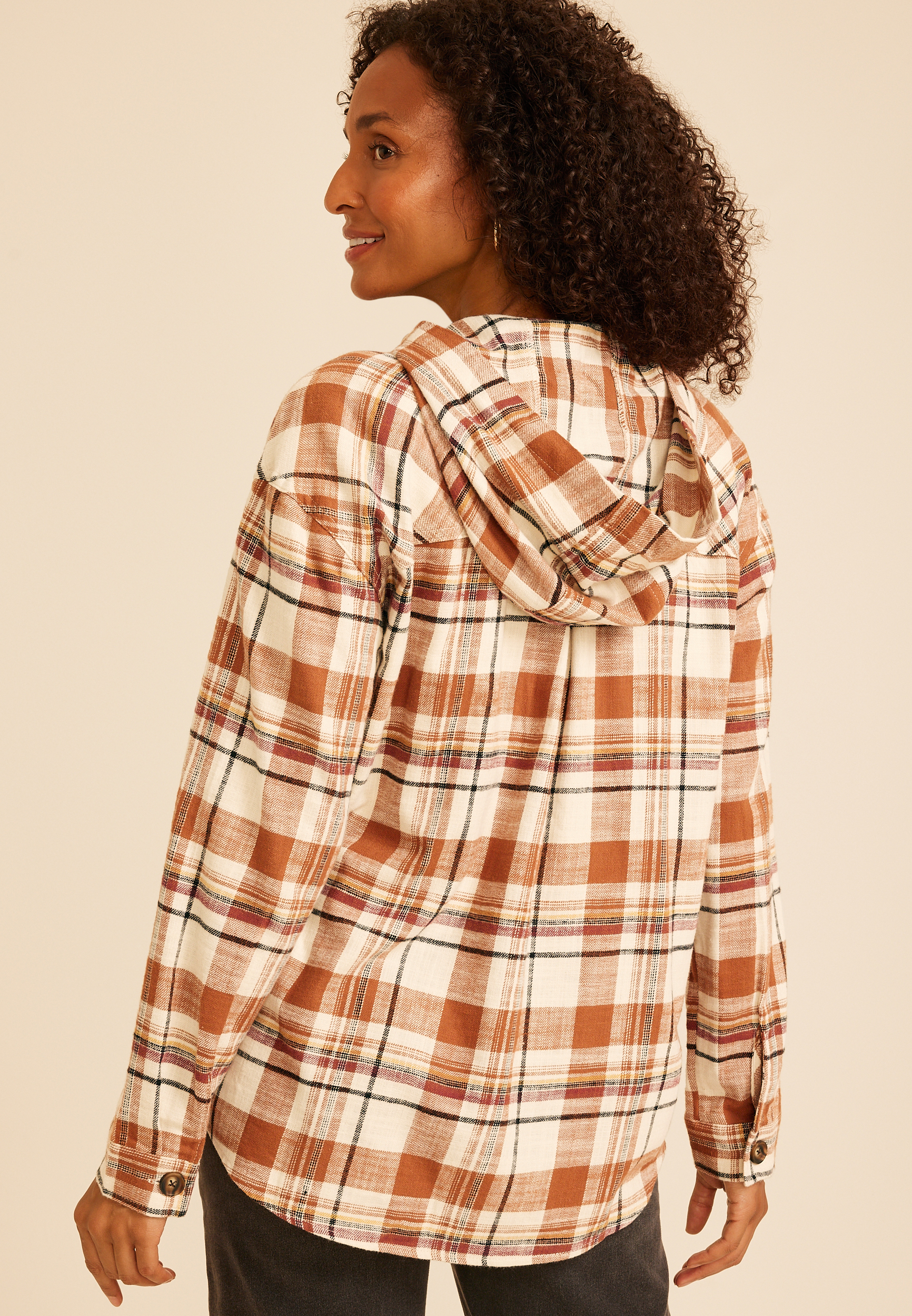 Hooded Cabin Plaid Button Down Shirt, C1524, large