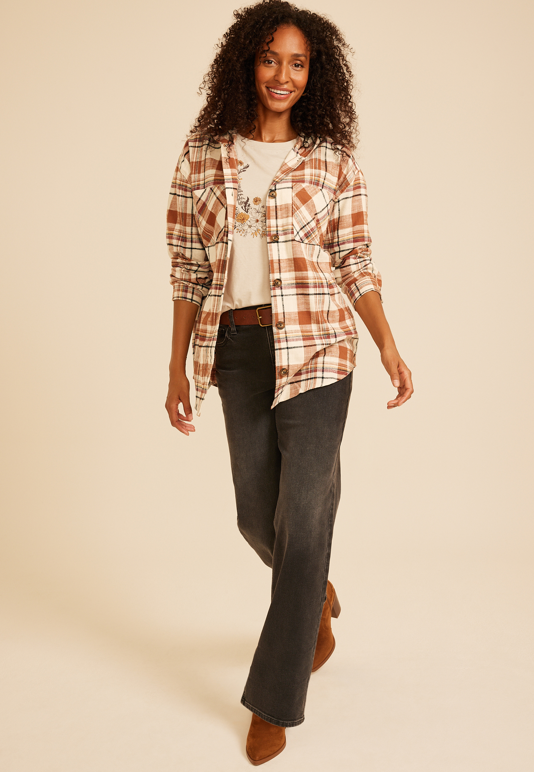 Hooded Cabin Plaid Button Down Shirt, C1524, large