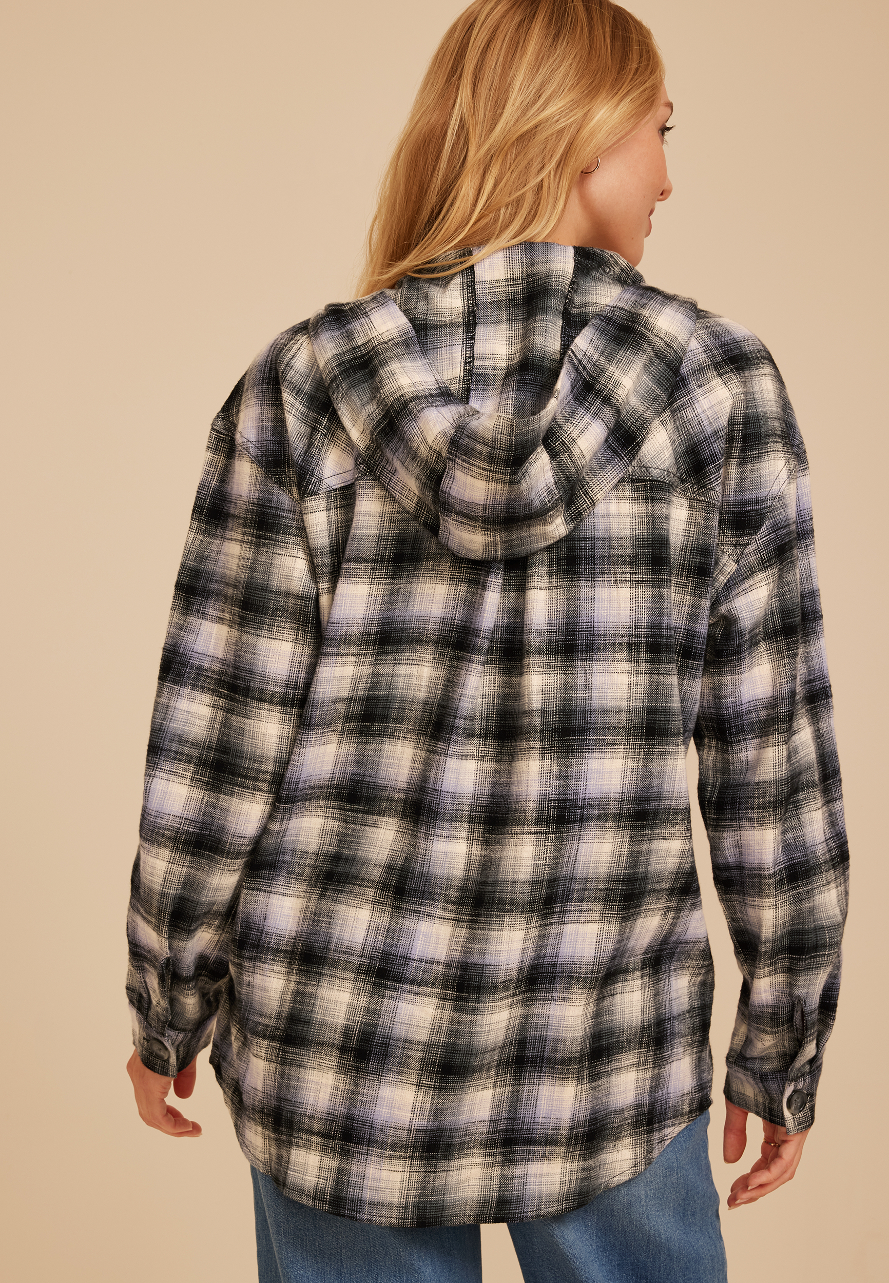 Hooded Cabin Plaid Button Down Shirt, C5053, large