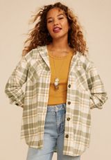 Hooded Cabin Plaid Button Down Shirt, C1755, small