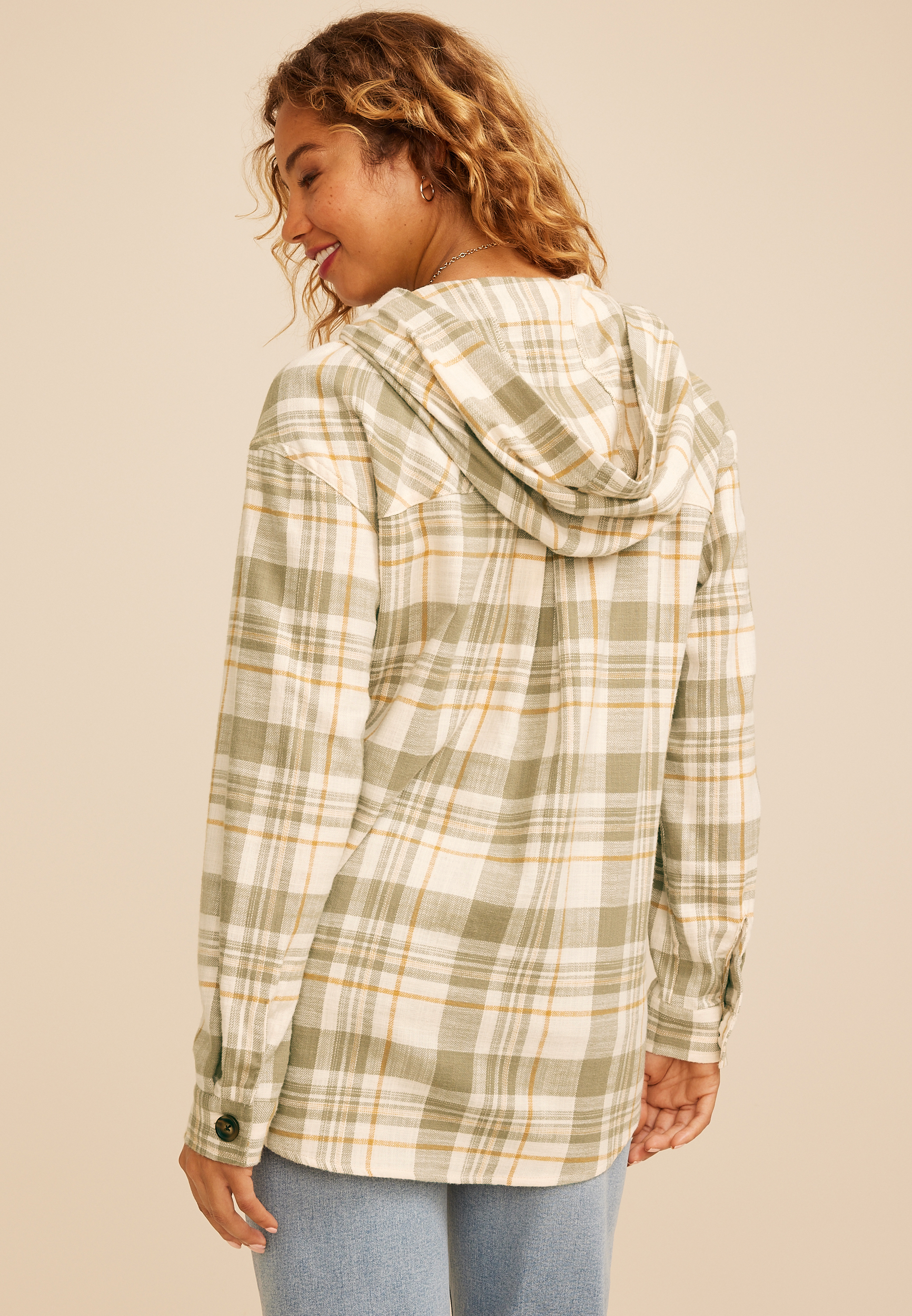 Hooded Cabin Plaid Button Down Shirt, C1755, large